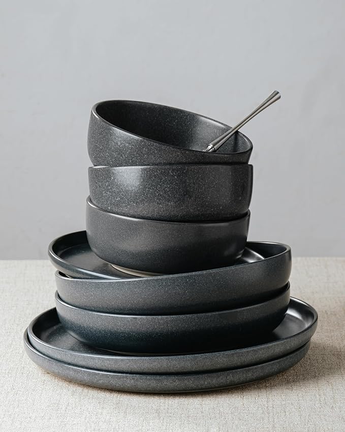 Famiware Milkyway Plates and Bowls Sets, 12 Pieces Dinnerware Sets, Reactive Glaze Dish Set, Stoneware Dishes Set for 4, Matte Dark Charcoal