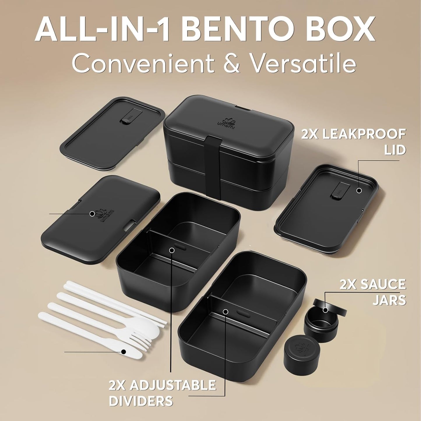 Umami Bento Box w/ 4 Utensils, 2 Sauce Jars, Nestable Space-Saving Lunch Box Containers, 100% Leakproof, Microwavable Lunch Containers for Adults, Design Award Winner, Onyx Black, 50 oz