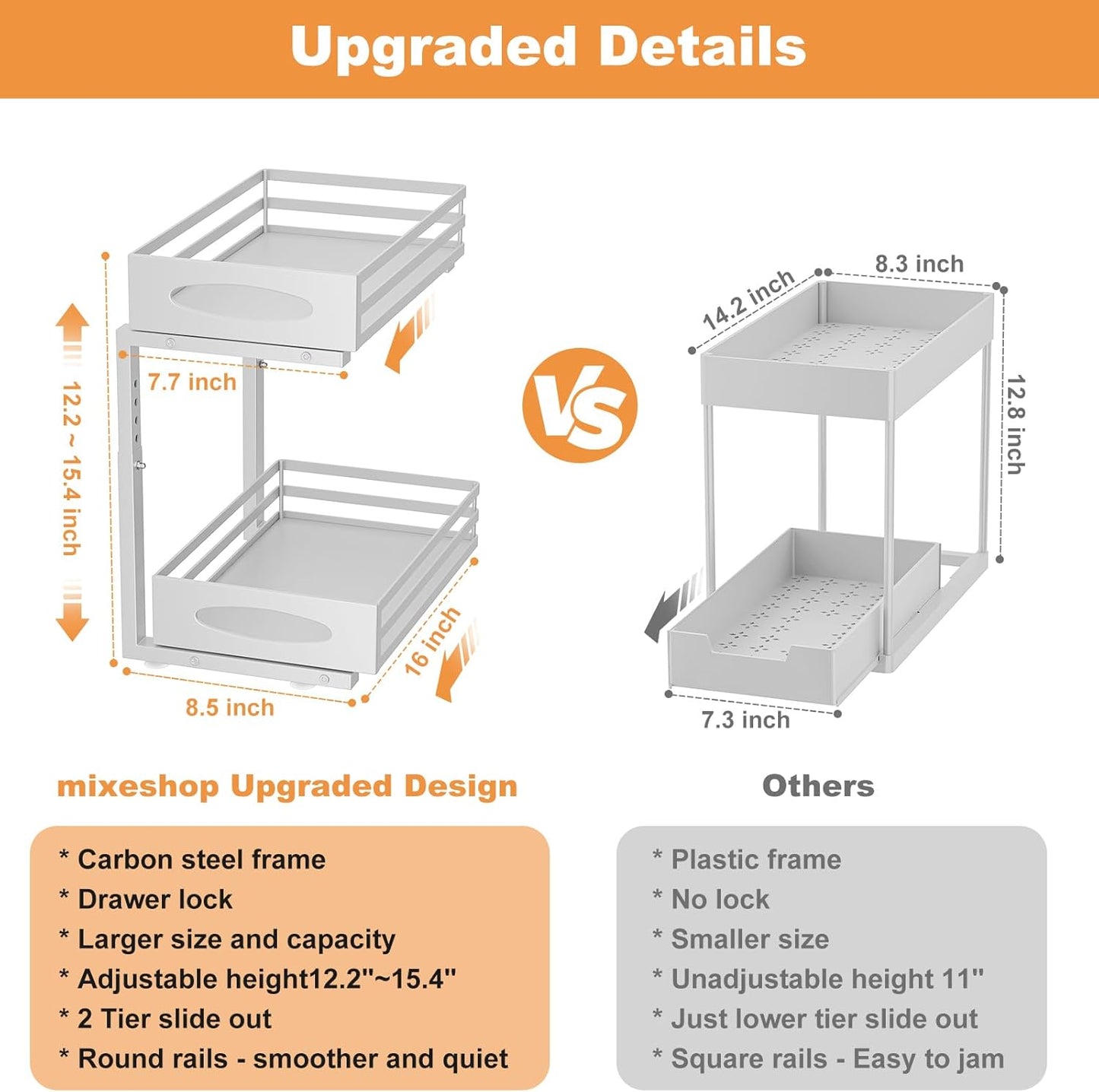 Under Sink Organizer, 2 Tier Under Sink Organizers and Storage, Adjustable Height, Slide Out Metal Cabinet Organizers, Pull Out Cabinet Storage Drawer Shelf for Kitchen Bathroom White, 1 Pack