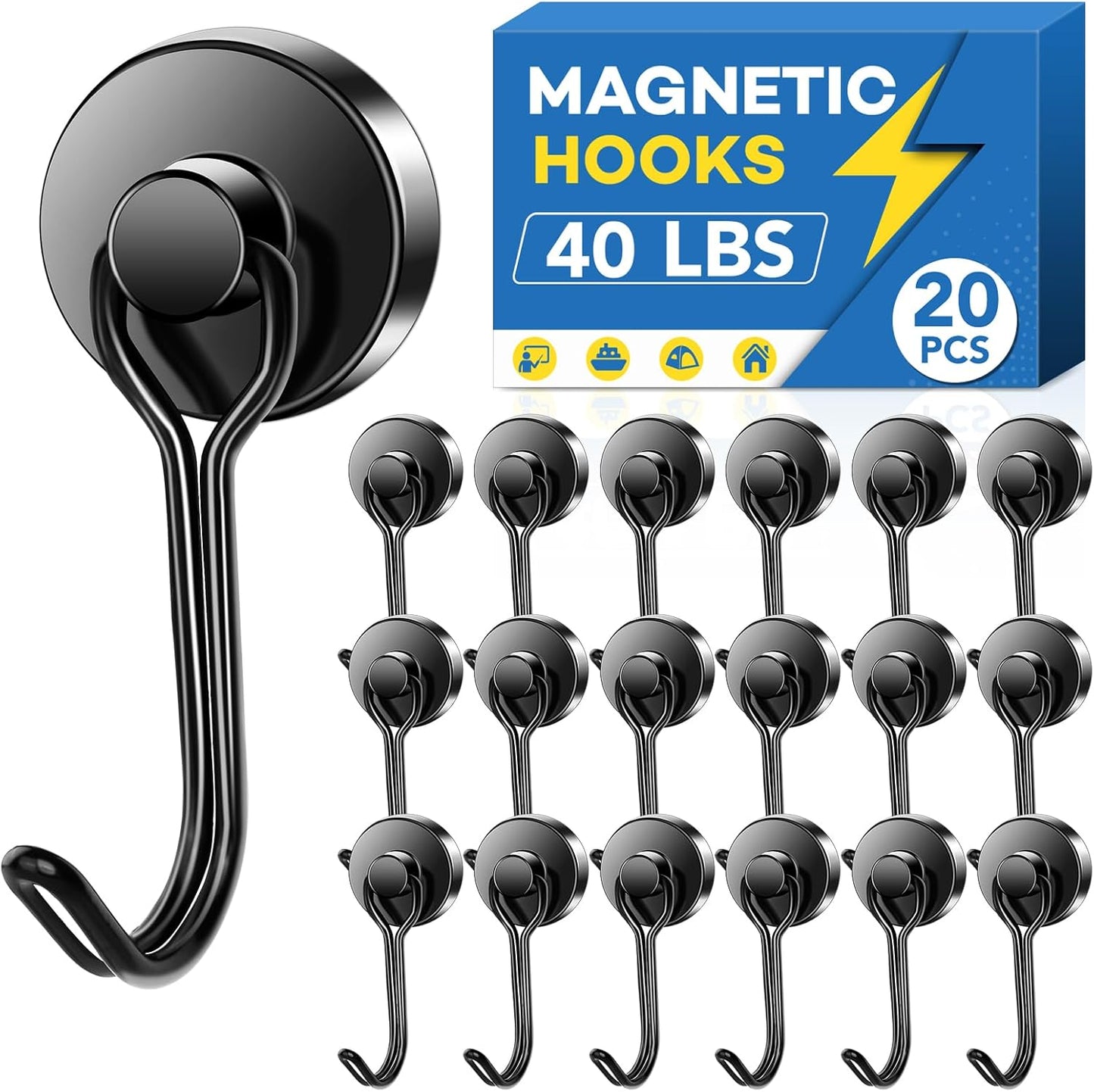 LOVIMAG Hooks, 40lbs+ Magnetic Magnet Hook 2025 Cruise Cabin Ship Essentials Heavy Duty Strong Refrigerator Fridge Hanging for Classroom Beach Vacation Kitchen Grills Home Mug Hanger (20 Pack), Black