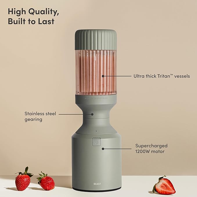 Beast Mega 1200 | Premium Countertop Blender | Smoothies, Shakes, Sauces, Dips, Soups | Blends Ice and Frozen Fruit | Includes Extra Lids and Straw System | 1200W | (Sage, 120V)