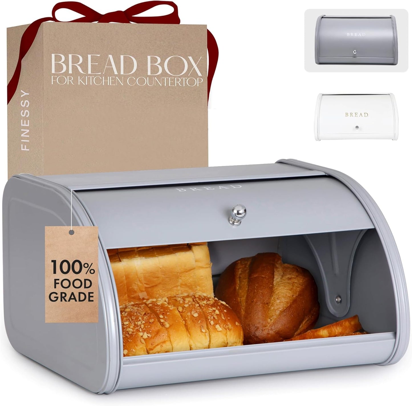 FINESSY Modern Metal Bread Box for Kitchen Countertop, Farmhouse Homemade Loaf Bread Storage Bin Holder for Kitchen Counters Organizer, Airtight Roll Top Sourdough Corner Breadbox Container Keeper