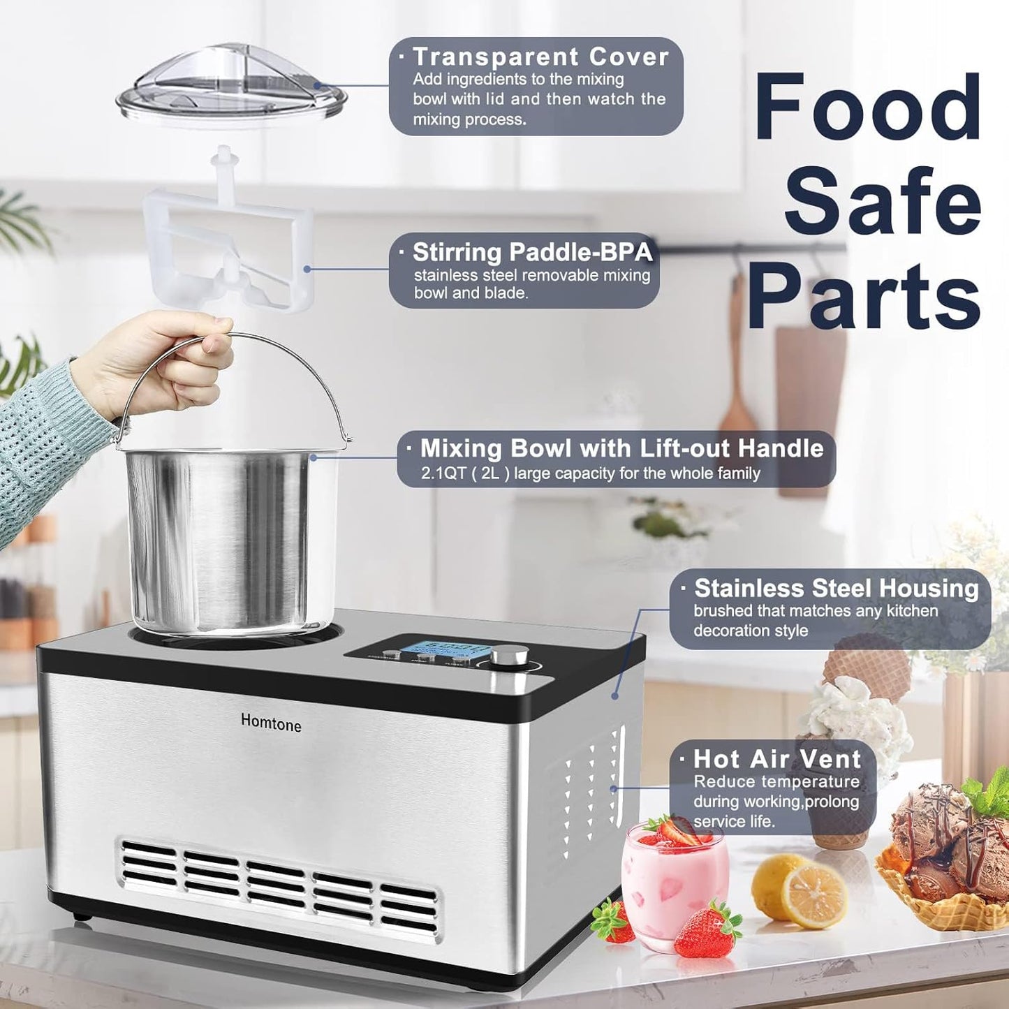 Homtone Ice Cream Maker, No pre-Freezing Automatic Ice Cream Machine 2.1 Quart with Built-in Compressor and LCD Timer for Making Ice Cream,Gelato in 30-60 min
