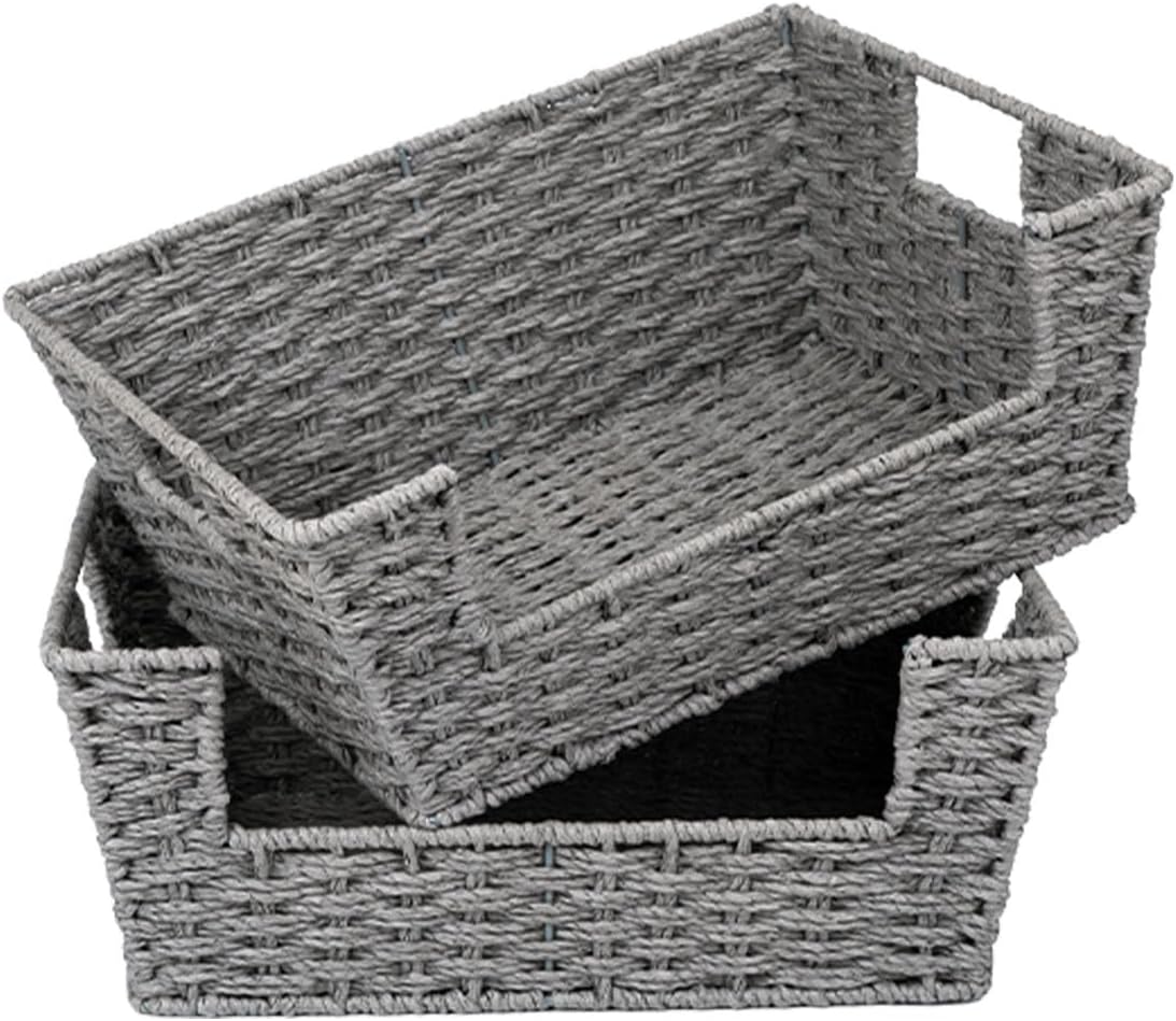 StorageWorks Round Paper Rope Woven Basket for Pantry Organizers and Storage, Stackable Wicker Pantry Baskets for Shelves, Grey, 2-Pack