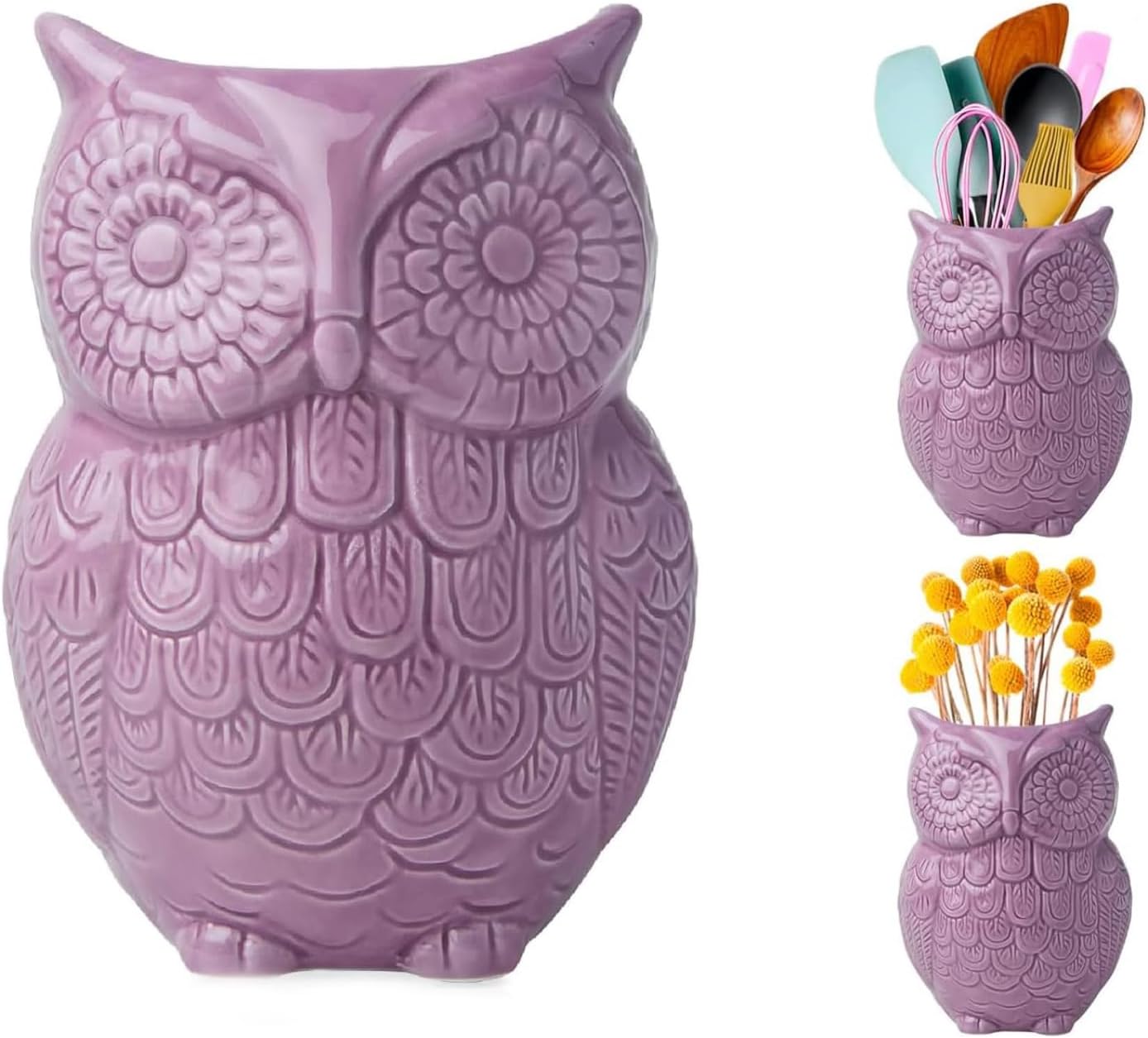 Comfify Owl Utensil Holder Decorative Ceramic Cookware Crock & Organizer, in Lovely Purple Color - Utensil Caddy and Perfect Kitchen Ceramic Decor Gift - 5” x 7” x 4” Compact & Cute