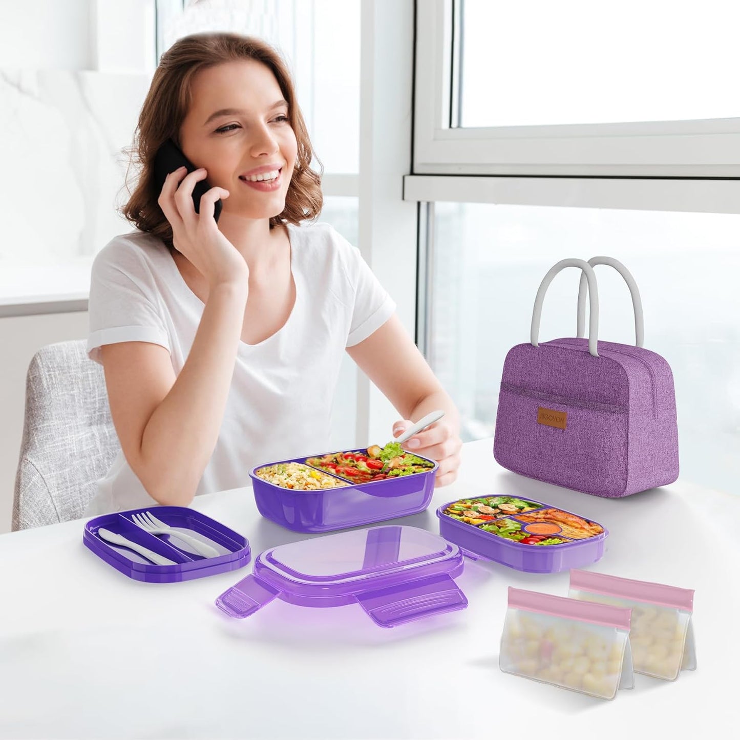 JBGOYON® Bento Lunch Box with Bag - All-in-One Stackable Lunch Containers with 3 Layers for Adults & Kids, 1900 ML Modern Bento-Style Design, Built-in Utensil Set, Lunch Bag (Purple)