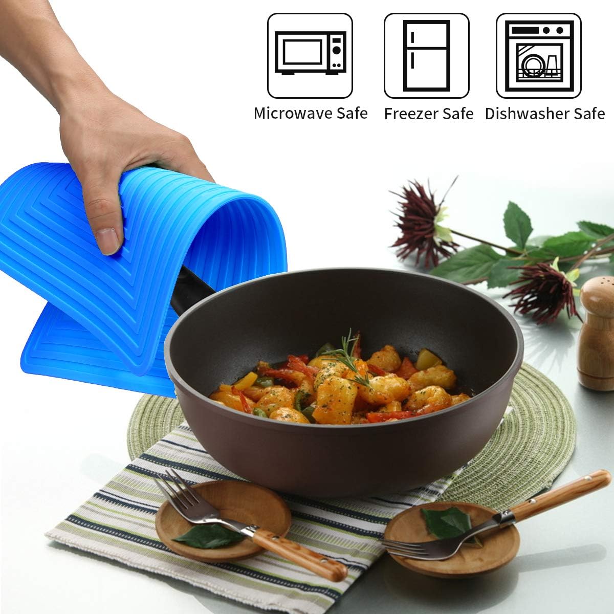 Large Silicone Trivet Mats for Hot Dishes/Pans, Heat Resistant Pot Holder, 9"x12" Non Slip Flexible Durable Pot Coaster Kitchen Table Mats Set of 2 (Blue)