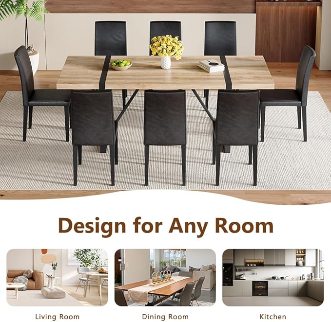 86.6" Dining Table Set for 8, Modern 9 Piece Wood Kitchen Table and Chairs Set, Rectangle Dining Room Table with 8 PU Leather Upholstered Chairs, Ideal for Home, Kitchen, or Apartment Dining