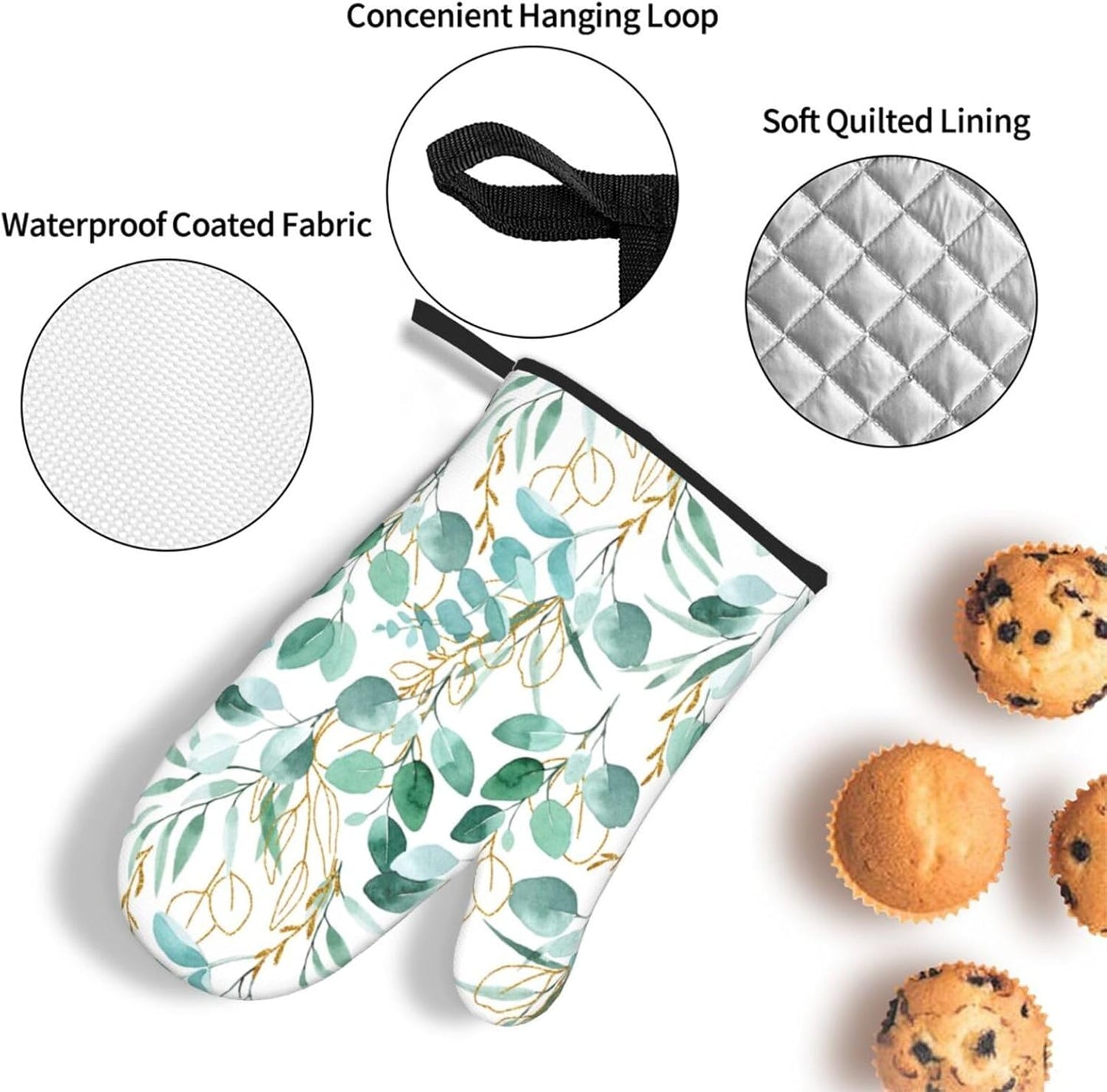 Sage Green Leaves Oven Mitts and Pot Holders Sets Heat Resistant for Kitchen BBQ Microwave Baking Grilling Cooking Set of 3 Cute Botanical Kitchen Oven Glove