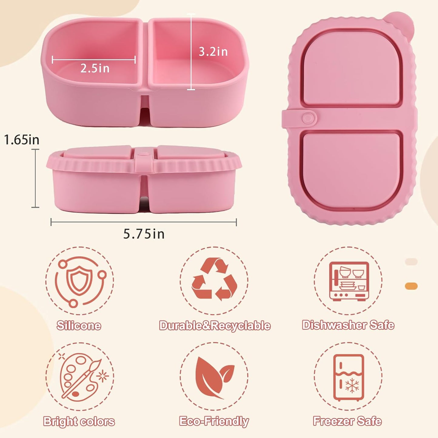 2/3/4Pack 8 oz Reusable Silicone Snack Containers with Lids, Mini Containers 2 Compartments Snackle Box for Kids & Adults, Portable Silicone Food Storage Box for Picnic, School, Office (8oz-2C-4Pcs)