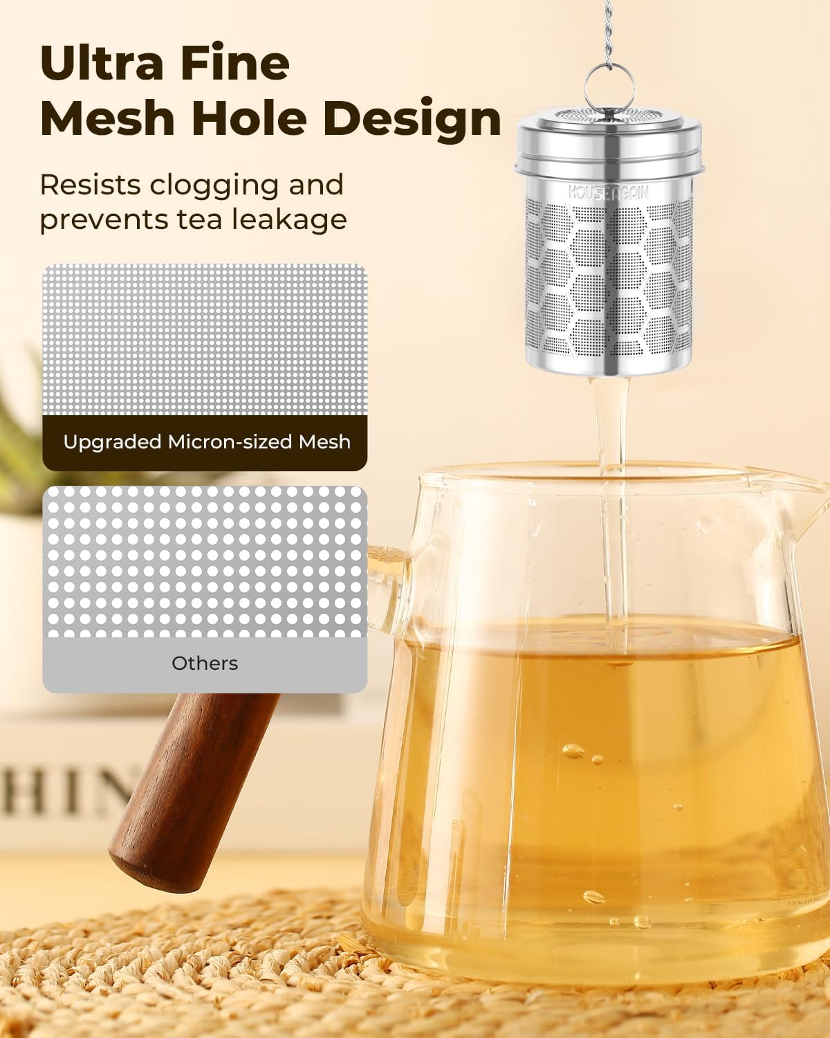 House Again 2 Pack Tea Strainers for Loose Tea, Extra Fine Mesh Tea Infuser, 304 Stainless Steel with Chain Hook, Loose Leaf Tea Steeper for Brew Tea Spices & Seasonings, Geometric Design