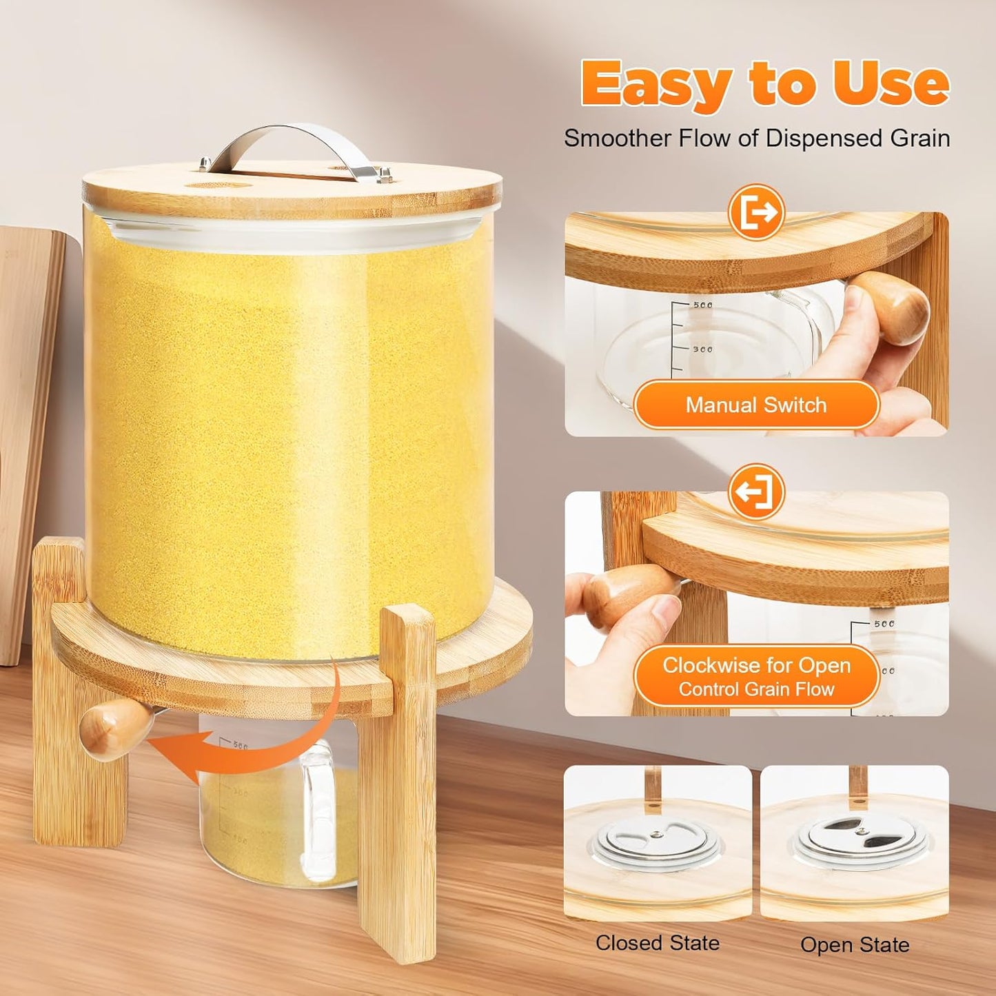 Flour and Cereal Container, Rice Dispenser, Creative Glass Food Storge Container for Kitchen Organization and Pantry Store, Airtight Lid and Wooden Stand (7.5L)
