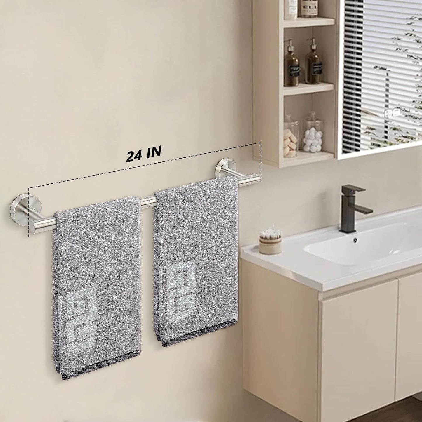 NearMoon Bath Towel Bar, Bath Accessories Thicken Stainless Steel Shower Towel Rack for Bathroom, Towel Holder Wall Mounted (1 Pack, Brushed Nickel, 24 Inch)