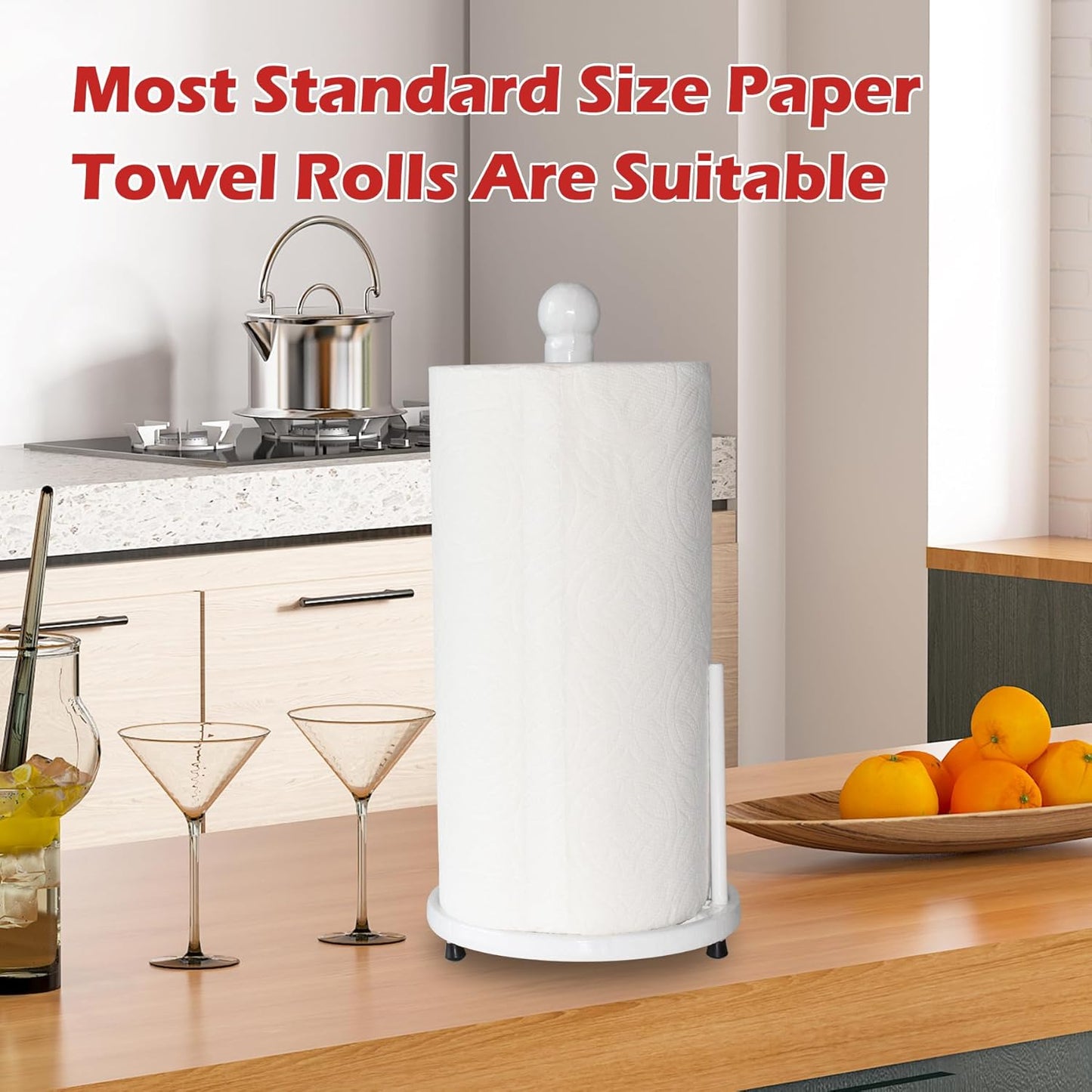 Vintage Paper Towel Holder Countertop - Cast Iron Standing Roll Paper Towel Dispenser with Elegant and Heavy Daffodil Pattern Base for Kitchen Décor, White