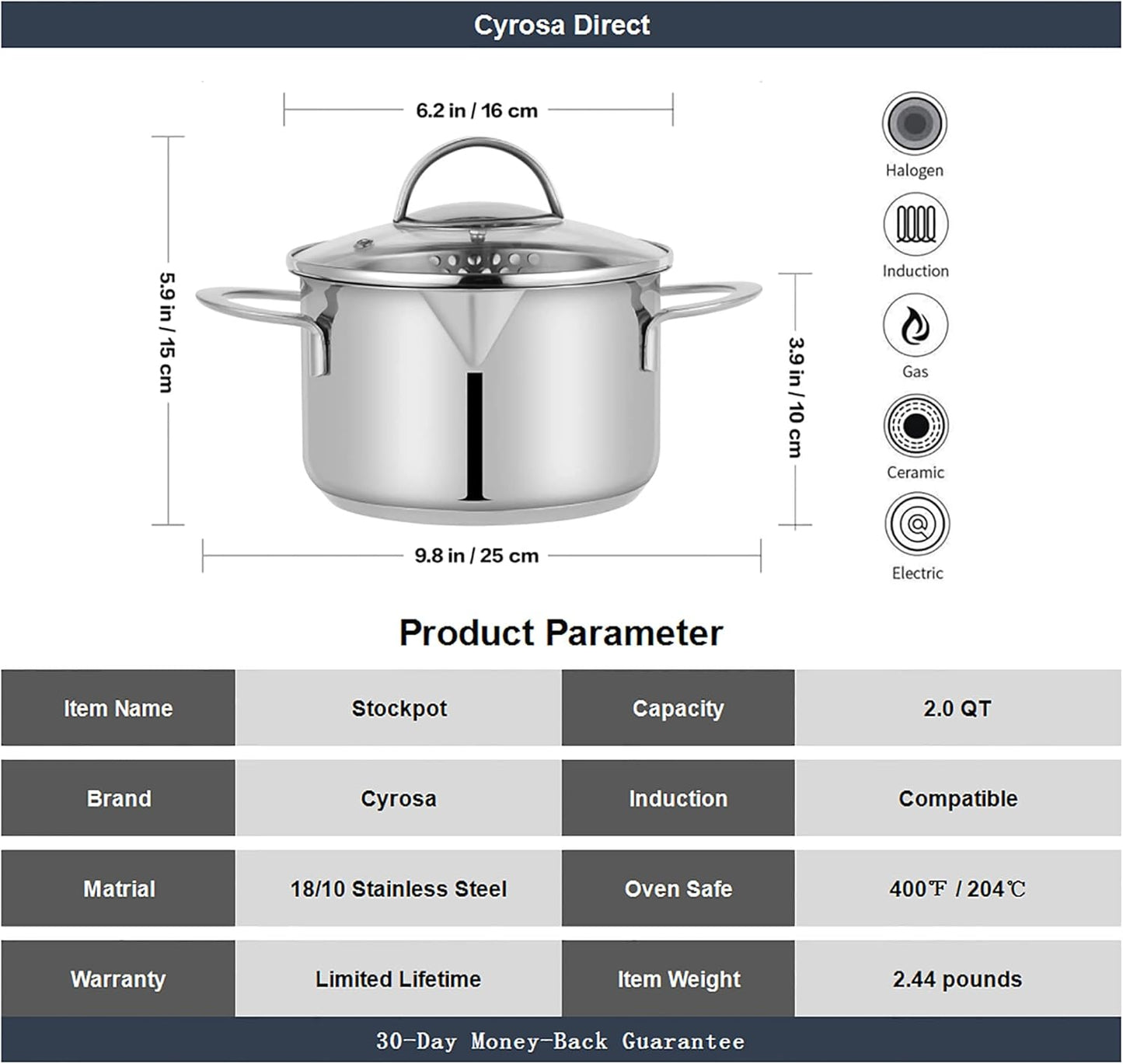Tri-Ply Stainless Steel Sauce Pan with Steamer Basket & Straining Glass Lid — Heavy-Duty, Thick Base,Rust-Resistant,Warp-Free —100% Food-Grade —Built to Last– Works with All Stovetops, Pasta Pot 2 QT