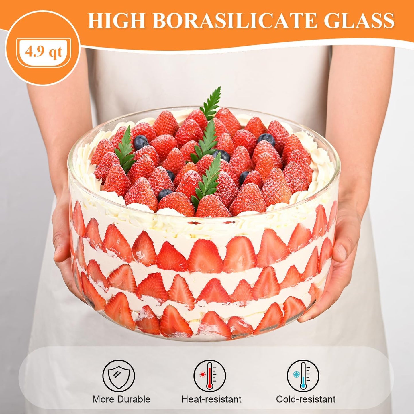 9 inch Large Salad and Trifle Bowl Glass with Lid, 155 oz Versatile Mixing and Serving Dish for Fruit, Laying Ice Cream, Cake, Cupcake, Baking, and Dessert, Microwave Safe