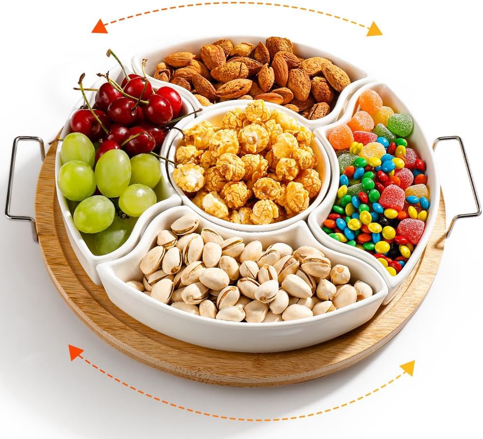 Ceramic Divided Serving Dishes with Bamboo Tray,360° Rotatable Serving Bowls with Handles for Party,5 Removable Relish Tray,11.2 Inch Appetizer Serving Dish for Chips & Dip, Veggies, Candy & Snacks
