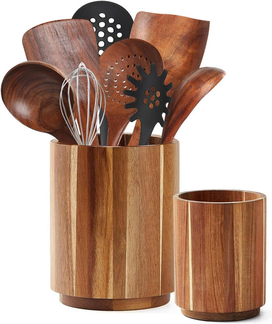 Acacia Wood Utensil Holder for Kitchen Counter, 360° Rotating 7.3"+5.7" Large Cooking Utensil Holder,Kitchen Utensil Crock for Countertop,Farmhouse Kitchen Decor,Spatula Holder Set of 2