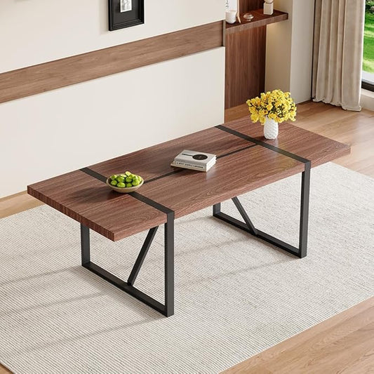 86.6" Walnut Wood Dining Table, Modern Large Rectangle Kitchen Table with Rich Wood Grain Finish, Sturdy Dining Room Table for 6-10 People, Perfect for Home, Apartment, or Office