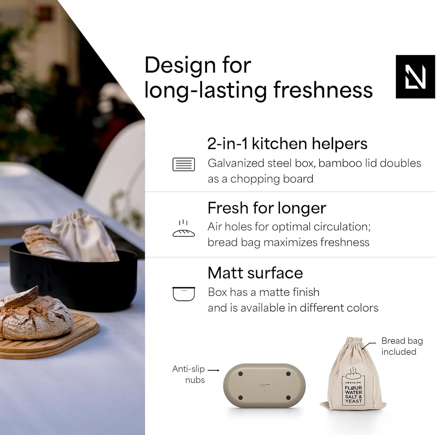 LARS NYSØM Bread Box I Metal Box with linen bag for long lasting freshness I Bread Bin with bamboo lid usable as cutting board I 14.2x7.5x5.1 In (Taupe Brown)