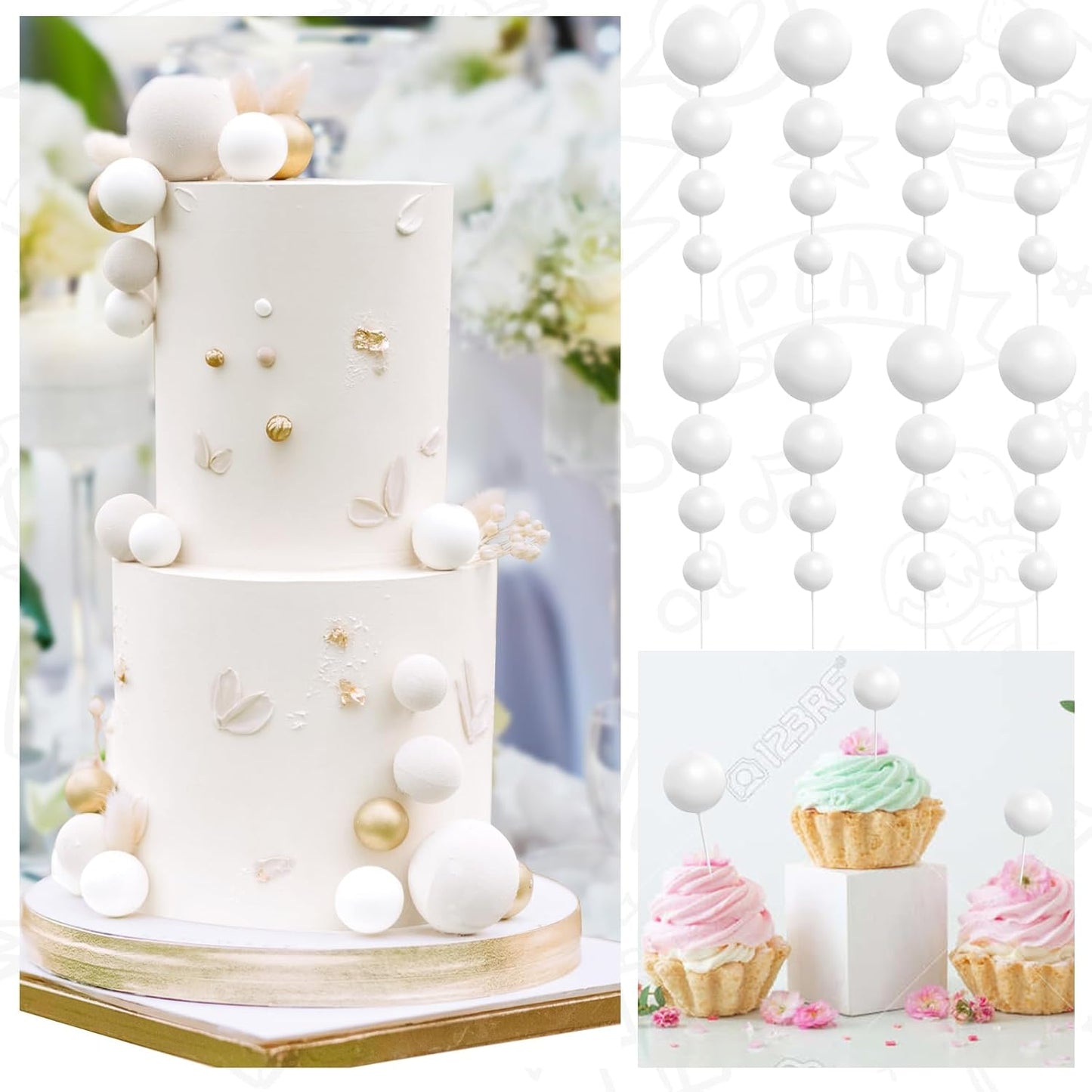 48 Pcs White Balls Cake Topper Decorations Balloon Cupcake Toppers Foam Cake Topper Balls Cake Balls Decorations for Birthday Party Wedding Anniversary Cake Decorating