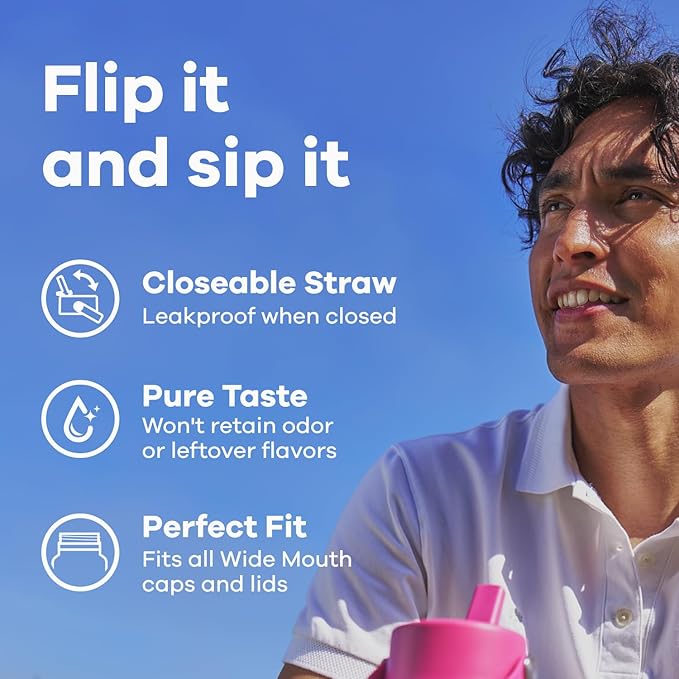 Hydro Flask Water Bottle - Insulated Stainless Steel - Wide Mouth Flex Straw Lid, Non Spill, Leakproof and Refillable in 40 Oz Reef Pink