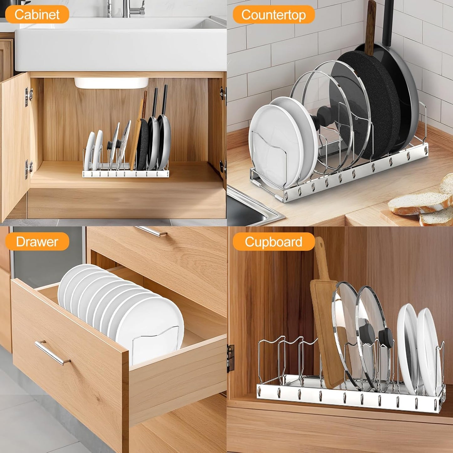 FLSEPAMB Pan Organizer - Adjustable Lid Organizer for Kitchen, Heavy Duty Pot Lid Organizer, Under Sink, Drawer, Pantry Storage