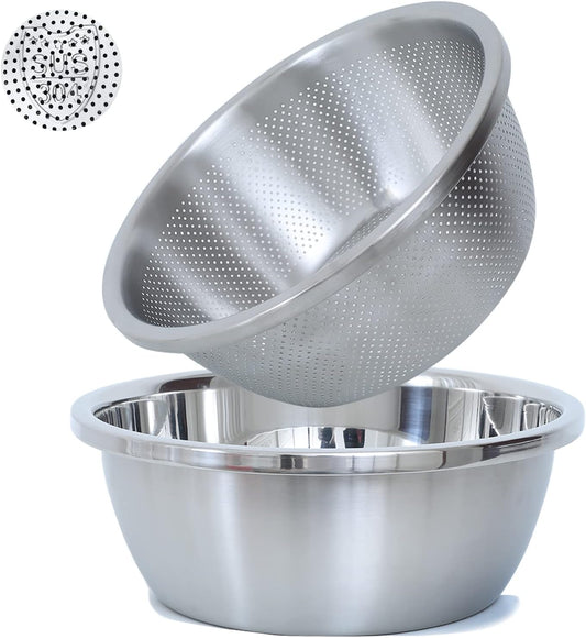 304 Stainless Steel Microporous Colander, 2.5QT Large Capacity with Mixing Bowl For washing vegetables, fruit and rice and for draining cooked pasta(2PC)
