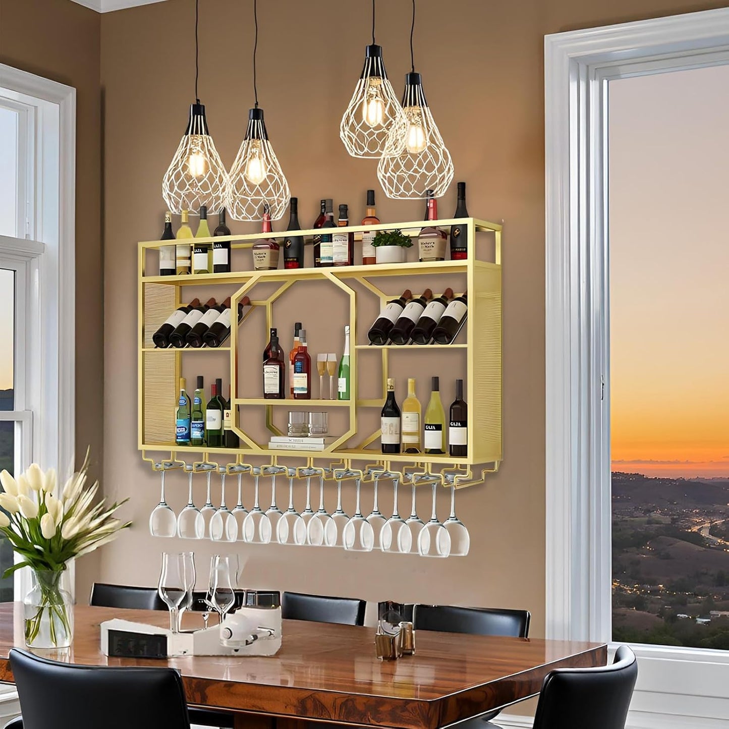 Wall Mounted Wine Rack, 3-Tiers Metal Bar Bottle Holder, Modern Wine Glass Storage Display Shelves, Wall Wine Rack for Kitchen Bar Dining Rooms Decoration ﻿ (Gold, 55.11in/140cm)