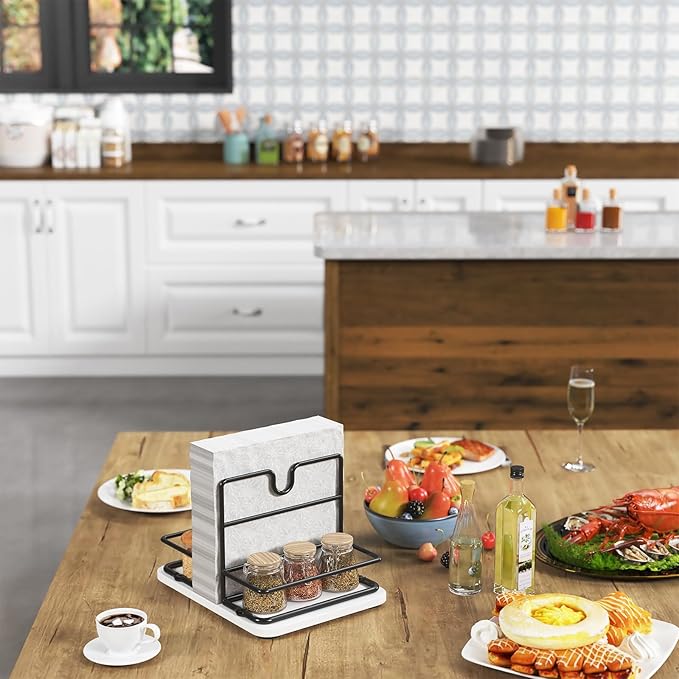 Napkin Holder for Table, 2 IN 1 Napkin Holders That Can Hold Salt Jar and Pepper Jar, Napkin Dispenser, Modern Dining Table Decor, Metal Racks and Wooden Bases, White