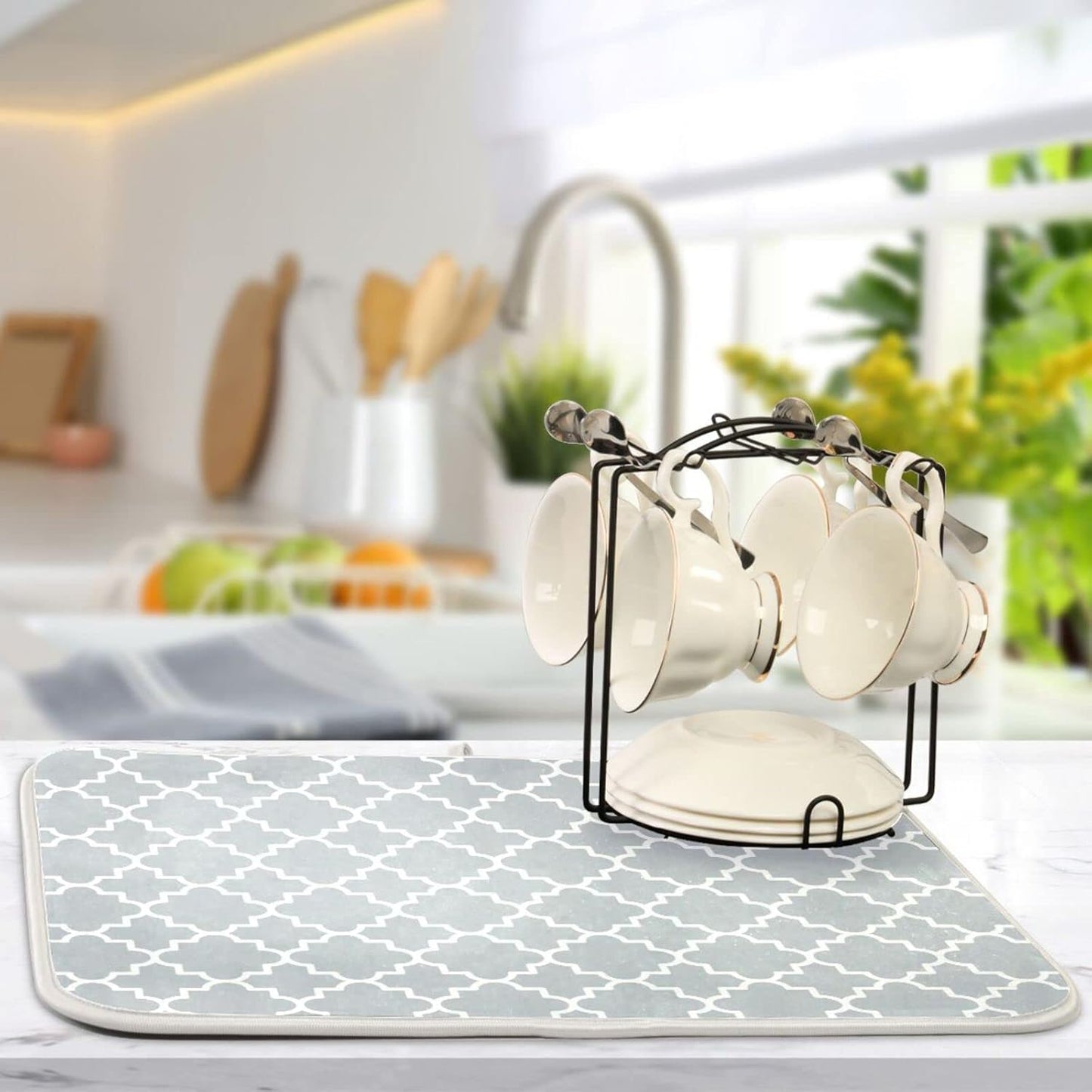 senya Super Absorbent Dish Drying Mat, Microfiber Fast-Drying Dish Mat, 16'' x 18'', Kitchen Dish Drying Pad, Grey Moroccan, 16x18in