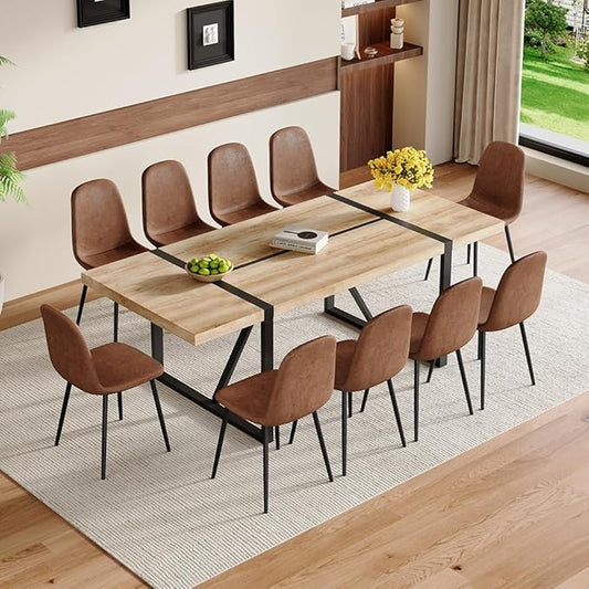 86.6" Dining Table Set for 10, Modern 11 Piece Wood Kitchen Table and Chairs Set, Large Rectangle Dining Table with 10 Suede Upholstered Chairs, Perfect for Family Gatherings and Dining Room