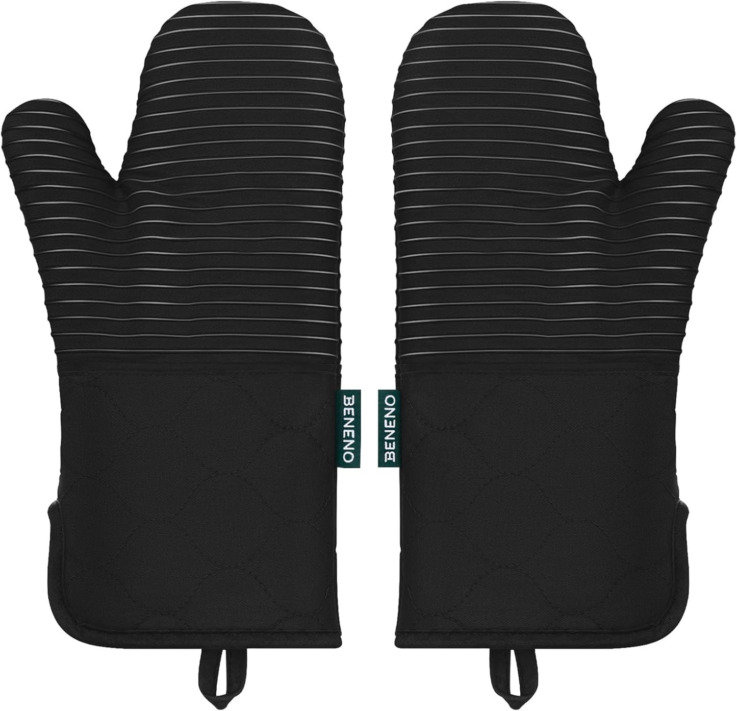 Beneno Kitchen Oven Mitts 2-Pack Heat Resistant to 500°F with Non-Slip Silicone Grip, Extra Long 14.3" Forearm Protection, Soft Quilted Cotton Terry Lining, Ideal for Cooking, Baking, Grilling, Black