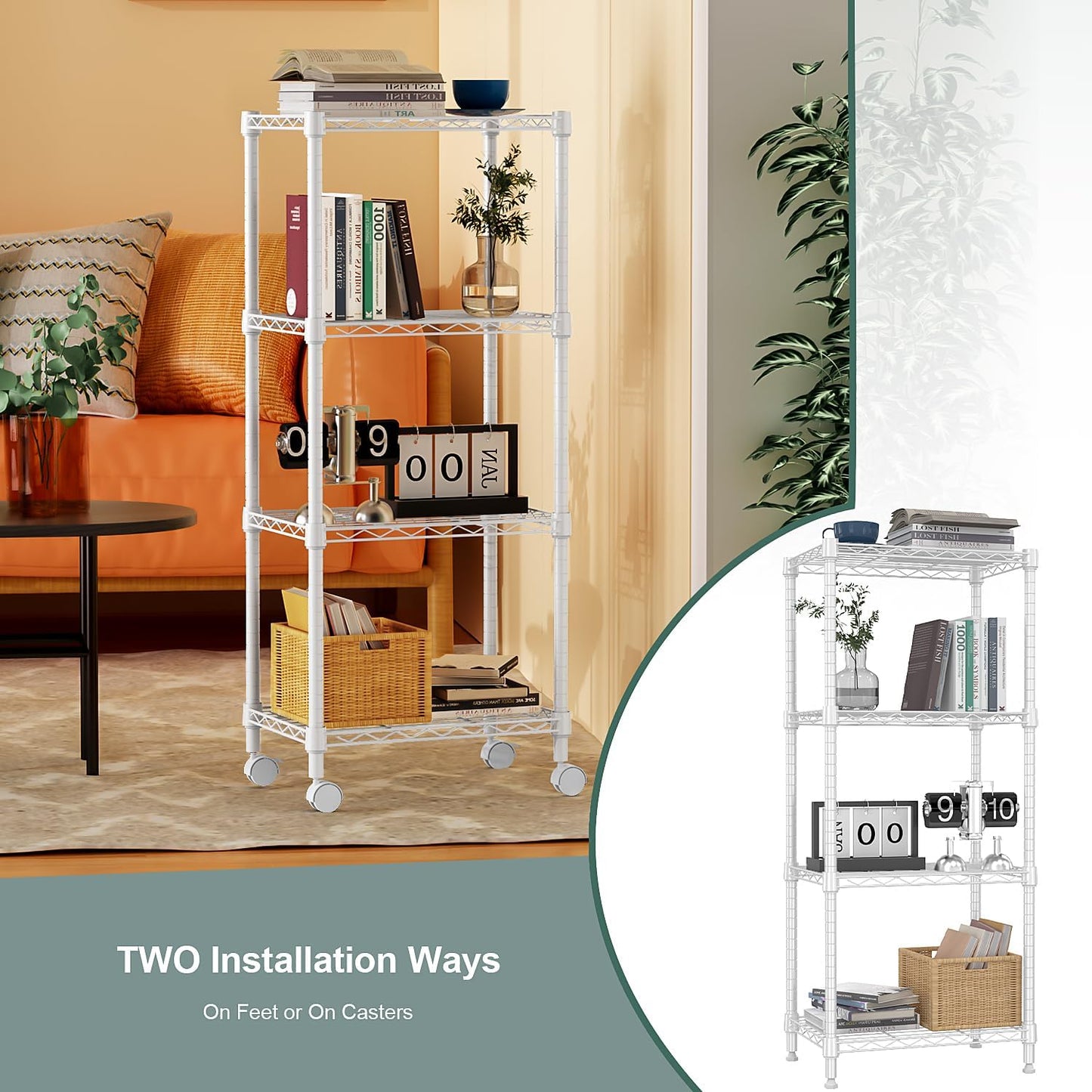 1000 lbs 4-Shelf Adjustable Heavy Duty Steel Wire Rack, Adjustable Storage Shelving Unit with Wheel for Kitchen, Garage, Laundry White 11.8" D x 17.7" W x 40.8" H