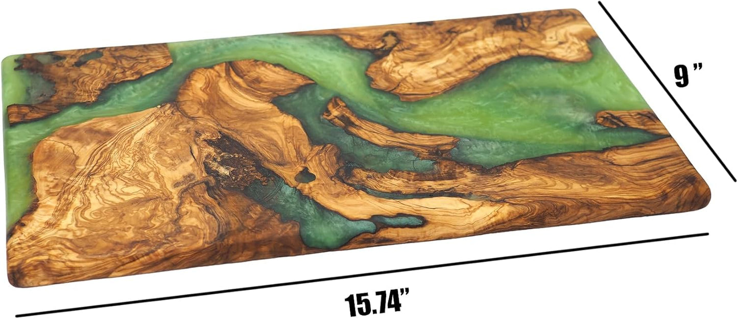 Handmade Epoxy Cutting Board & Charcuterie Board - Decorative, Olive Wood Boards for Serving Cheese, Fruit, Meat - Ideal for Kitchen, Unique Housewarming Gift- Green Resin