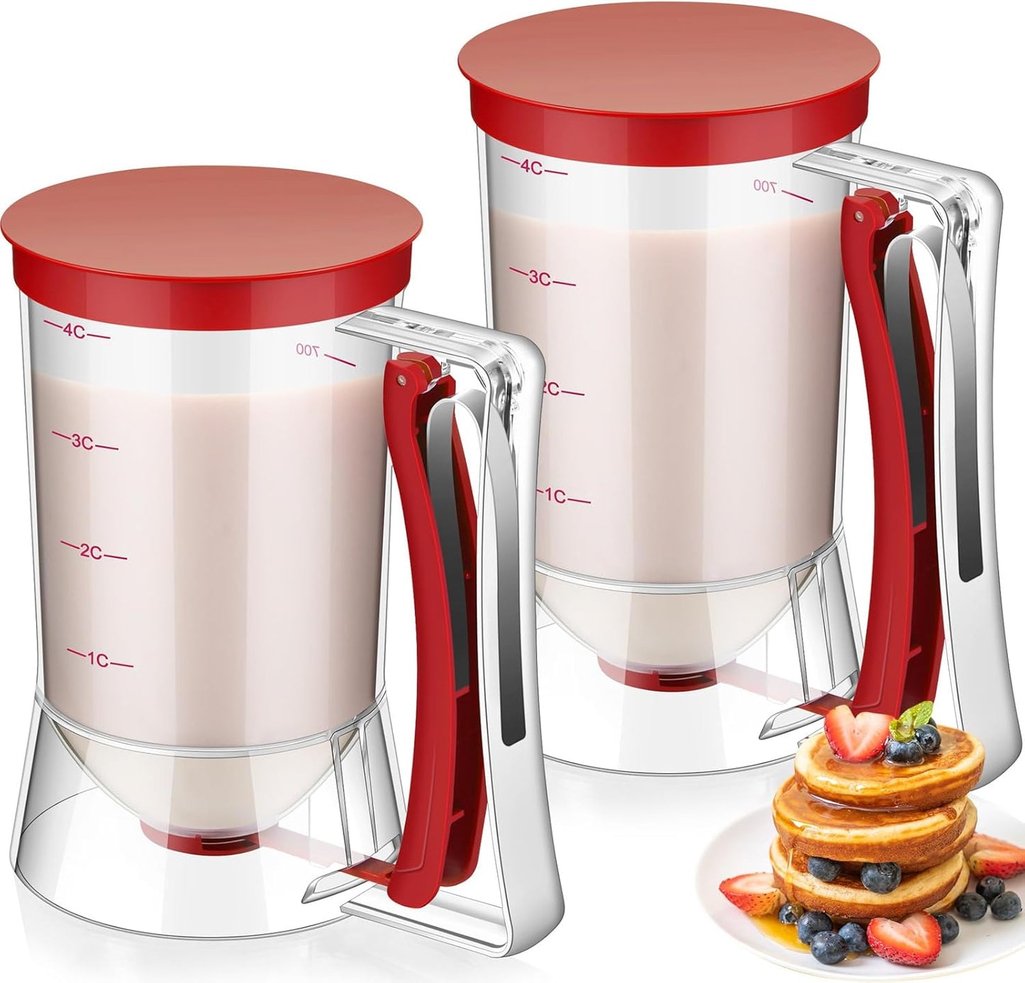 2 Pcs Cupcake Batter Dispenser Pancake Mix Dispenser 4 Cups with Squeeze Handle Tools for Pancake, Cupcake, Cookie, Cake, Waffles, Ice Cream Baking Gifts for Kitchen Housewarming (Red)