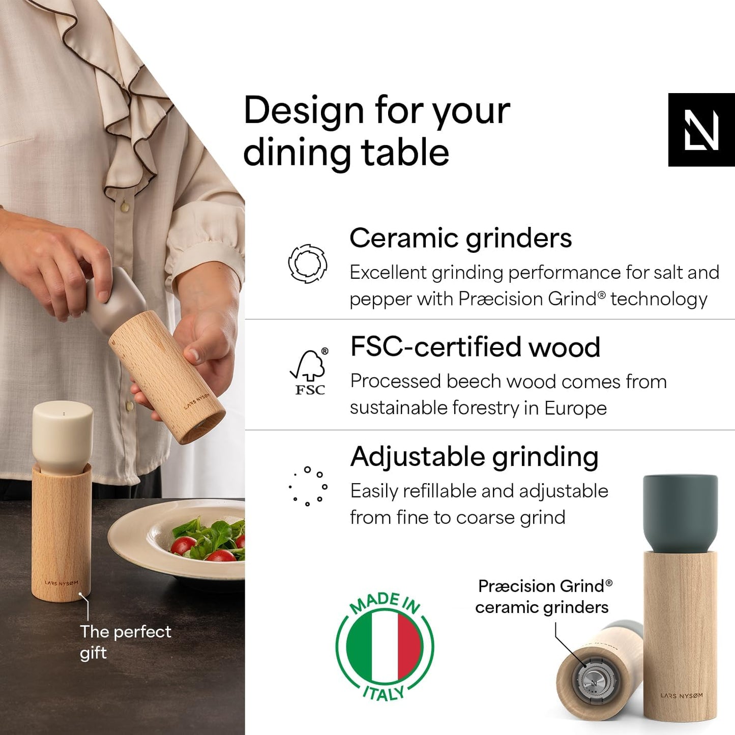 LARS NYSØM Wooden Salt and Pepper Grinder Set Manual with Tray - Salt and Pepper Mills with Adjustable Ceramic Grinder - Elegant Beechwood Pepper and Salt Mill Set for Dining Table (Blue/Gray)