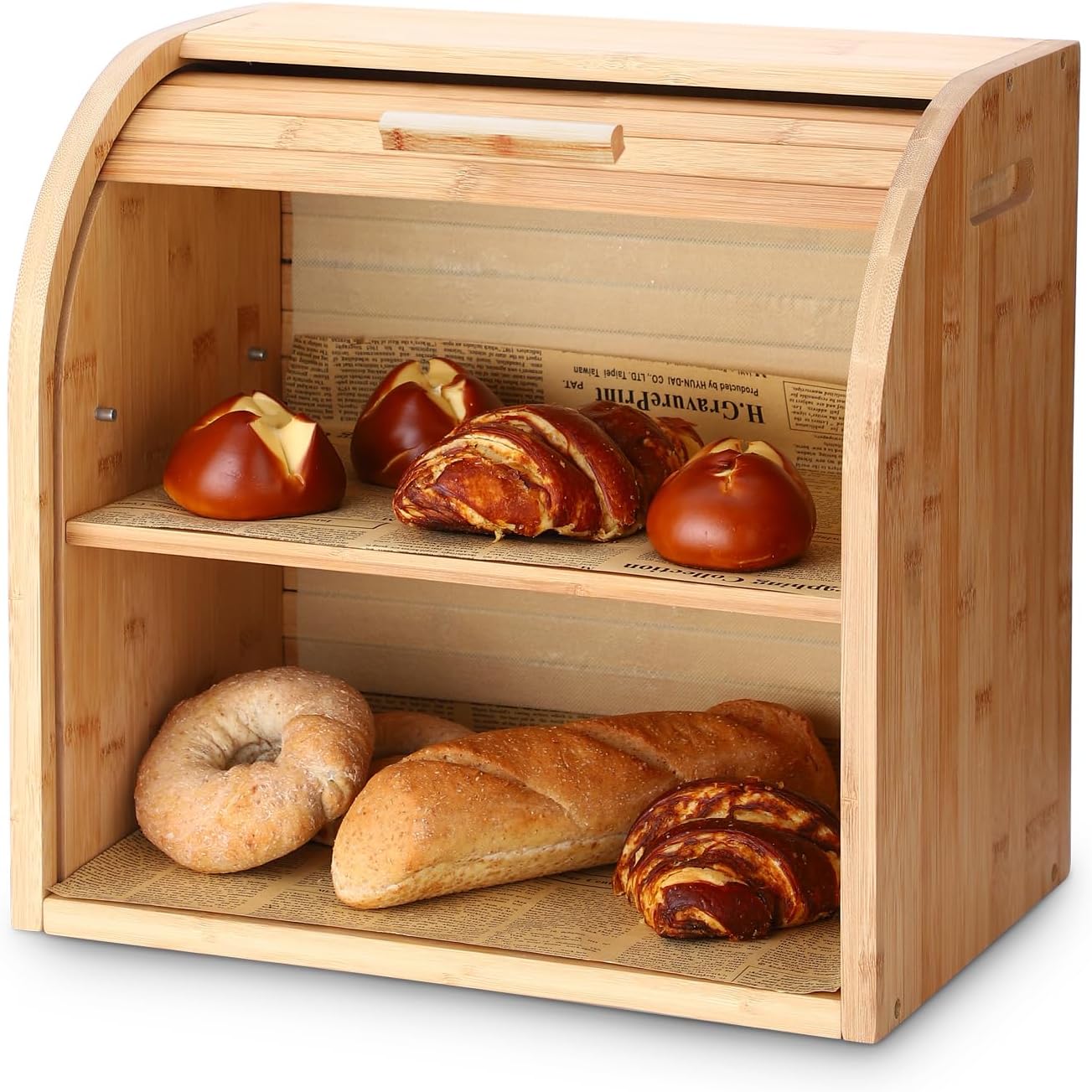 G.a HOMEFAVOR Bread Box, 2 Layer Bamboo Bread Boxes for Kitchen Food Storage, Large Capacity Bread Keeper Roll Top with Removable Layer, 15" x 9.8" x 14.2", 15 mm Thickness (Self-assembly)