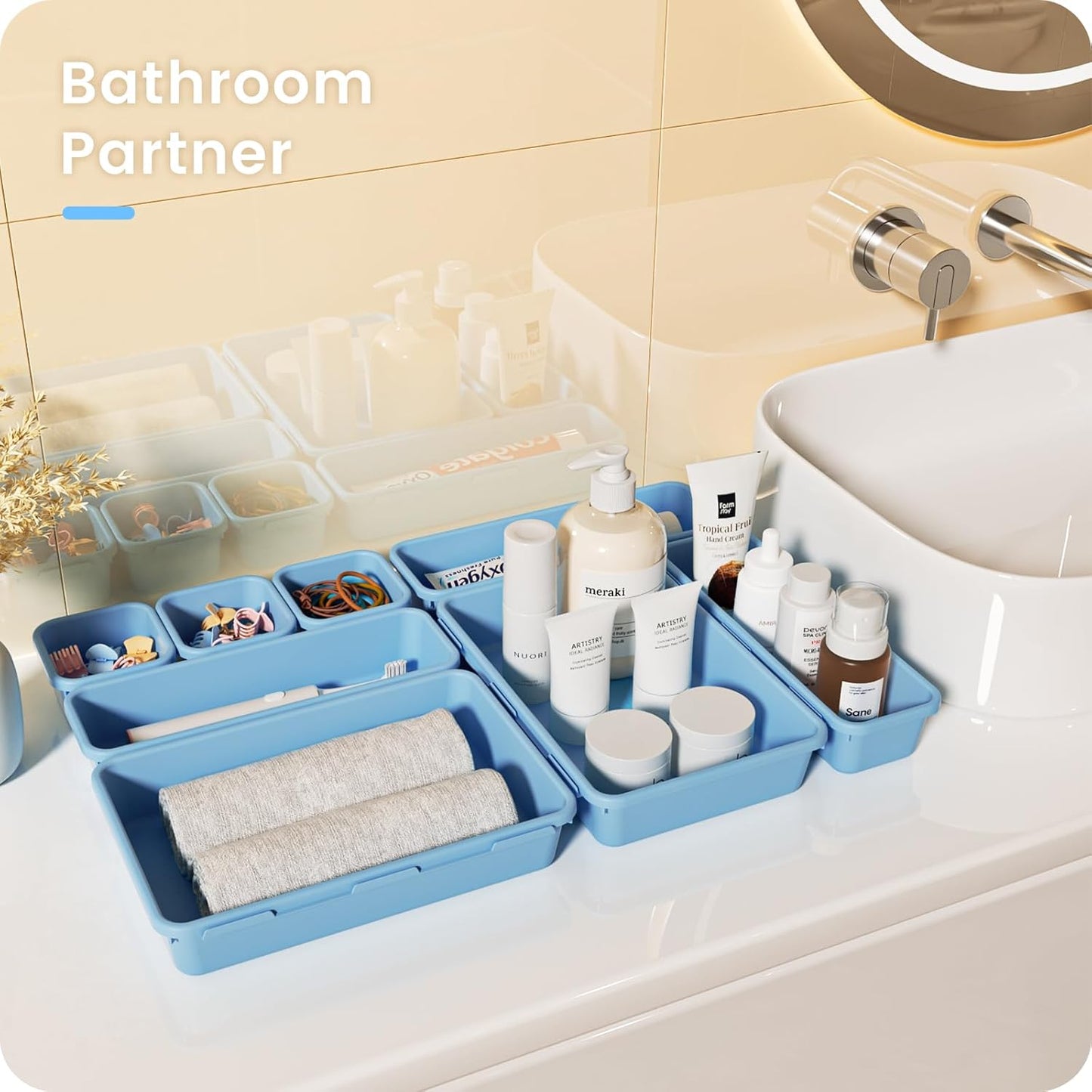 A-LuGei 【𝟮𝟮𝗣𝗖𝗦】 Plastic Sky Blue Desk Drawer Organizer, Bathroom Organizers and Storage, Makeup Organizer, Organization and Storage Bin Container for Vanity Office Utensils Tool Pantry Cosmetic