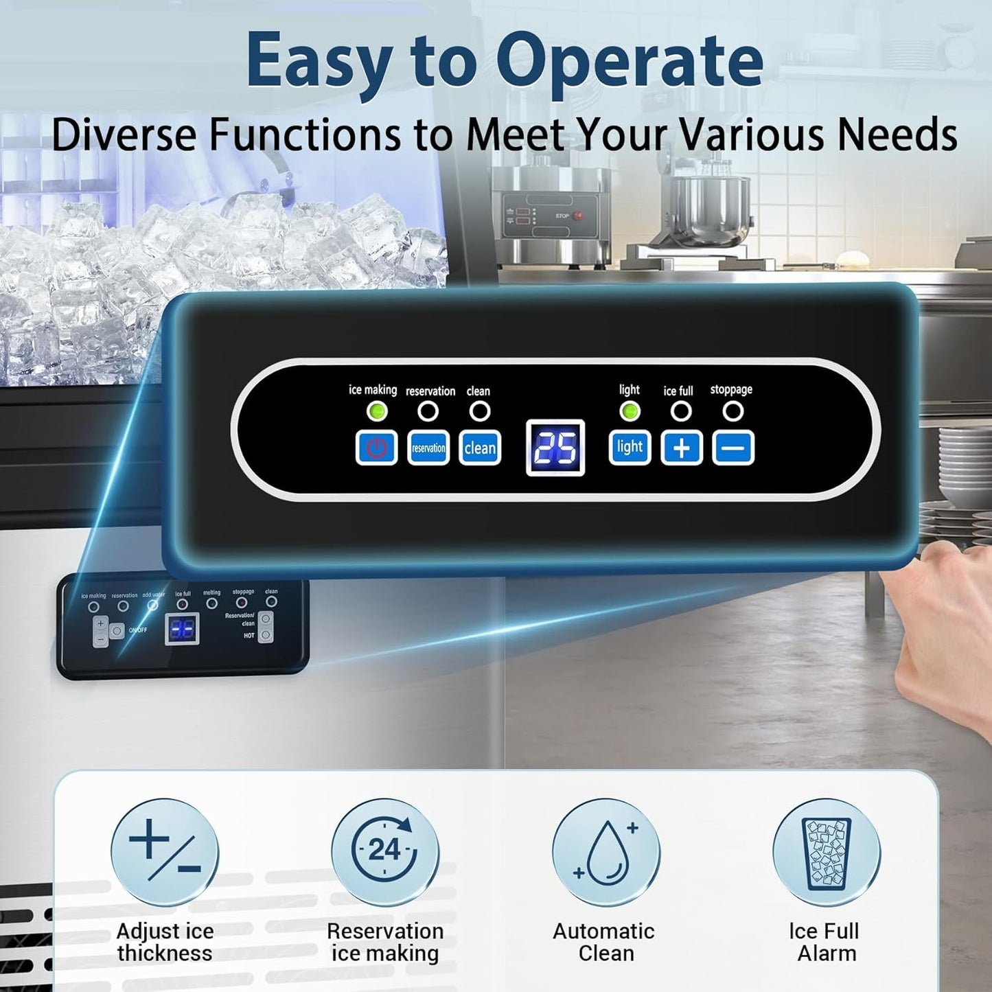 Commercial Ice Maker Machine 100Lbs/24 with 20 Storage Bin, 36Pcs Ice Cubes 9-15Mins, Dual Water Inlet Options Stainless Steel Under Counter/Freestanding Ice Cube Machine for Home, Party, Office