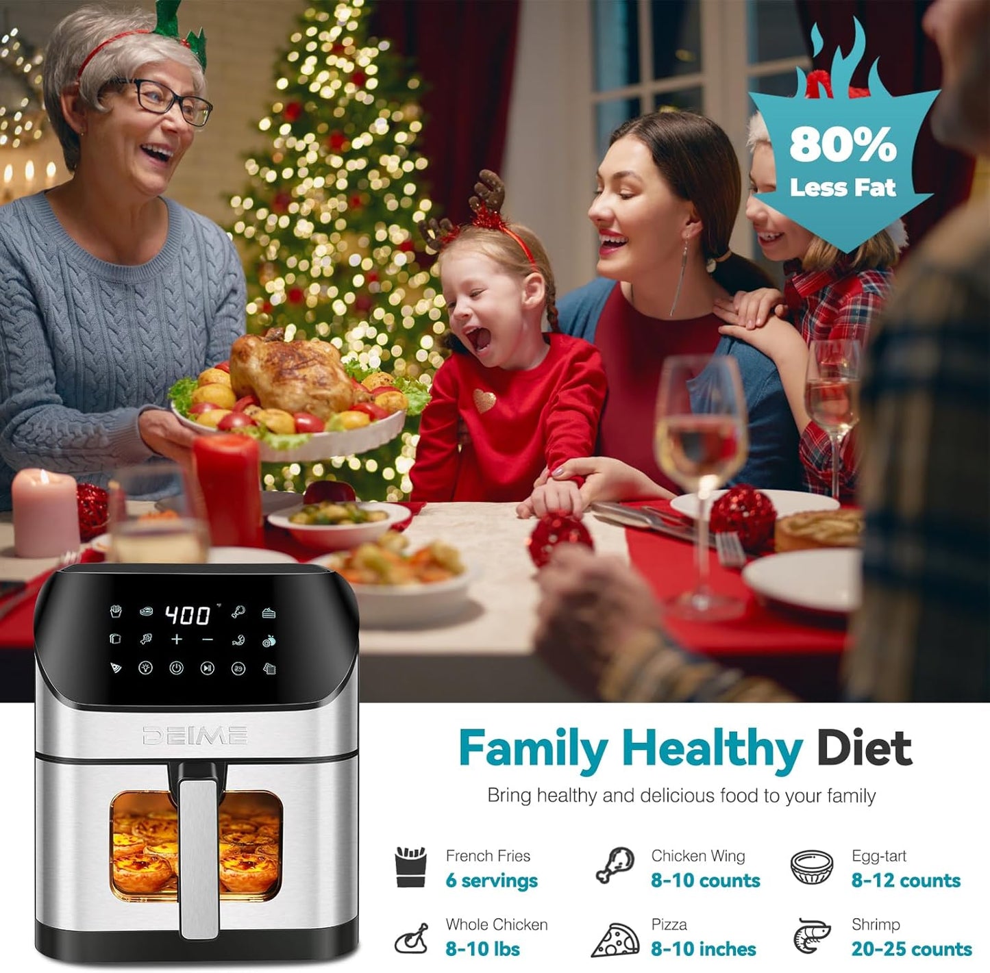 DEIME Air Fryer 6.5 QT Oilless Oven Large AirFryer Healthy Cooker with 10 1-Touch Preset, Visible Cooking Window, Non-Stick Basket & Dishwasher Safe