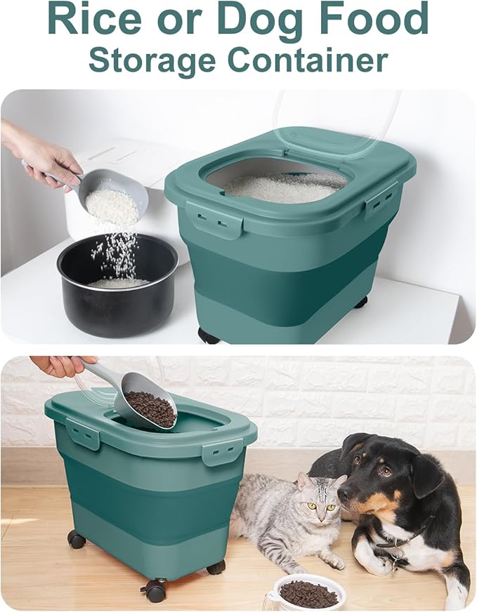 20-30 Lbs Rice Storage Container,Collapsible Food Storage Containers with Rolling Wheel Airtight Locking Lid,Flour Storage Container with Cup and Scoop,Suitable for Food,Rice,Pet Food,Flour