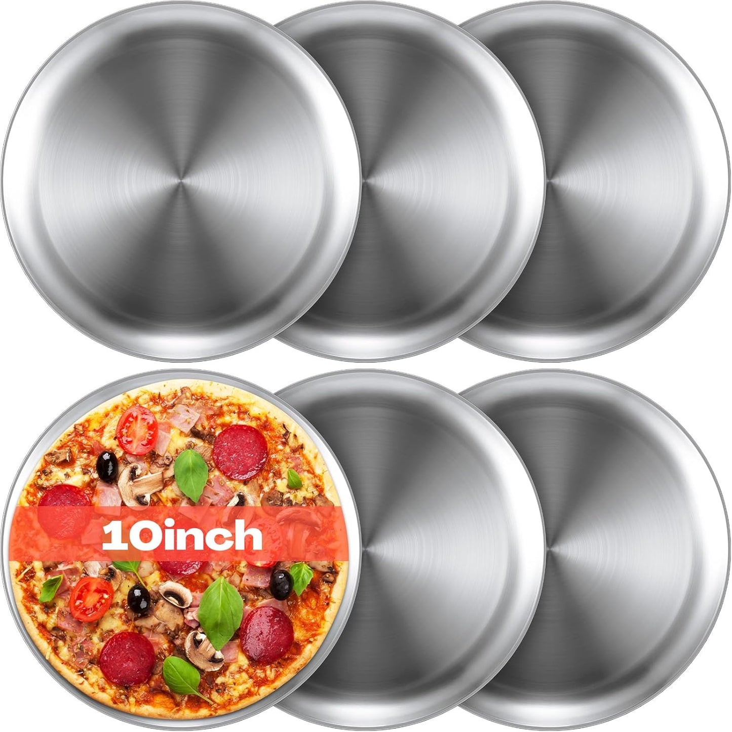 Thenshop 6 Pieces 10 Inch Pizza Pans Bulk Stainless Steel Sets Round Bakeware Pizza Trays for Oven Kitchen Baking Home Restaurant Safe Sturdy Reusable Easy Clean(Silver)