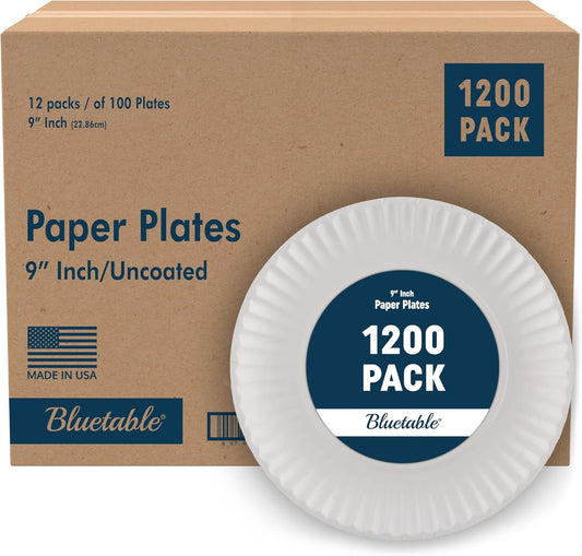 Bluetable 9 Inch Paper Plates Bulk – 1200 Count - Uncoated White 9” Dinner Plate Pizza Plate Decorative Craft Paper Plates Disposable Plates [1200 Pack/Case]