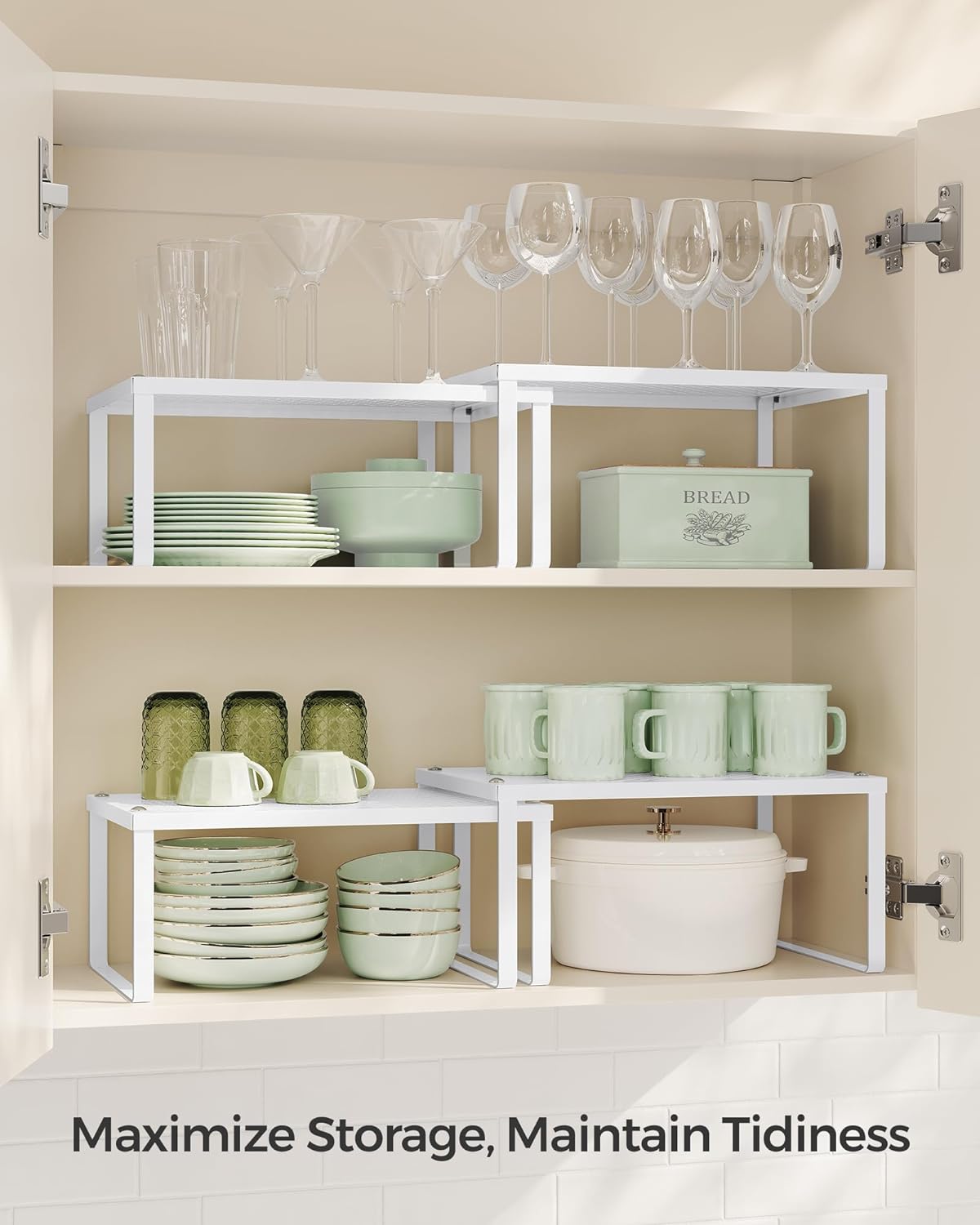 SONGMICS Spice Racks, Set of 4 Metal Cabinet Shelf Organizers, Countertop Organizers, Shelf Risers, Stackable, Expandable, White UKCS006W01