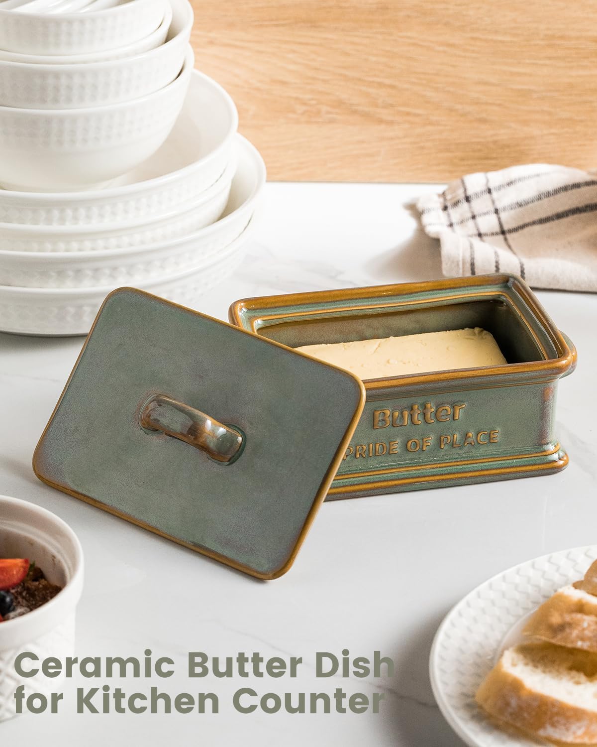 Butter Dish with Lid, Ceramic Butter Holder Container Large Butter Dish for Countertop Farmhouse Decor Butter Keeper for East West Coast Butter, Green