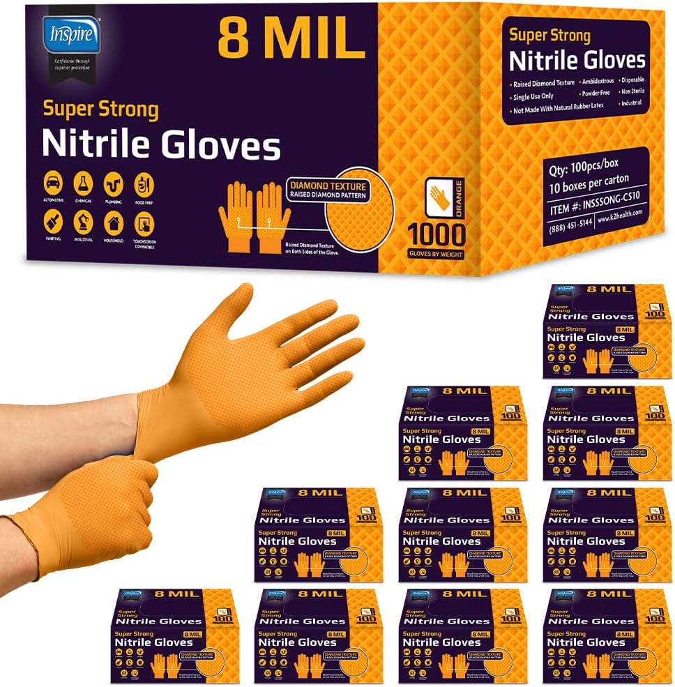 Inspire HEAVY DUTY ORIGINAL Stretch Nitrile Black Gloves Disposable Latex Free | Food, Mechanic, 6mil Black or 8 Mil Orange