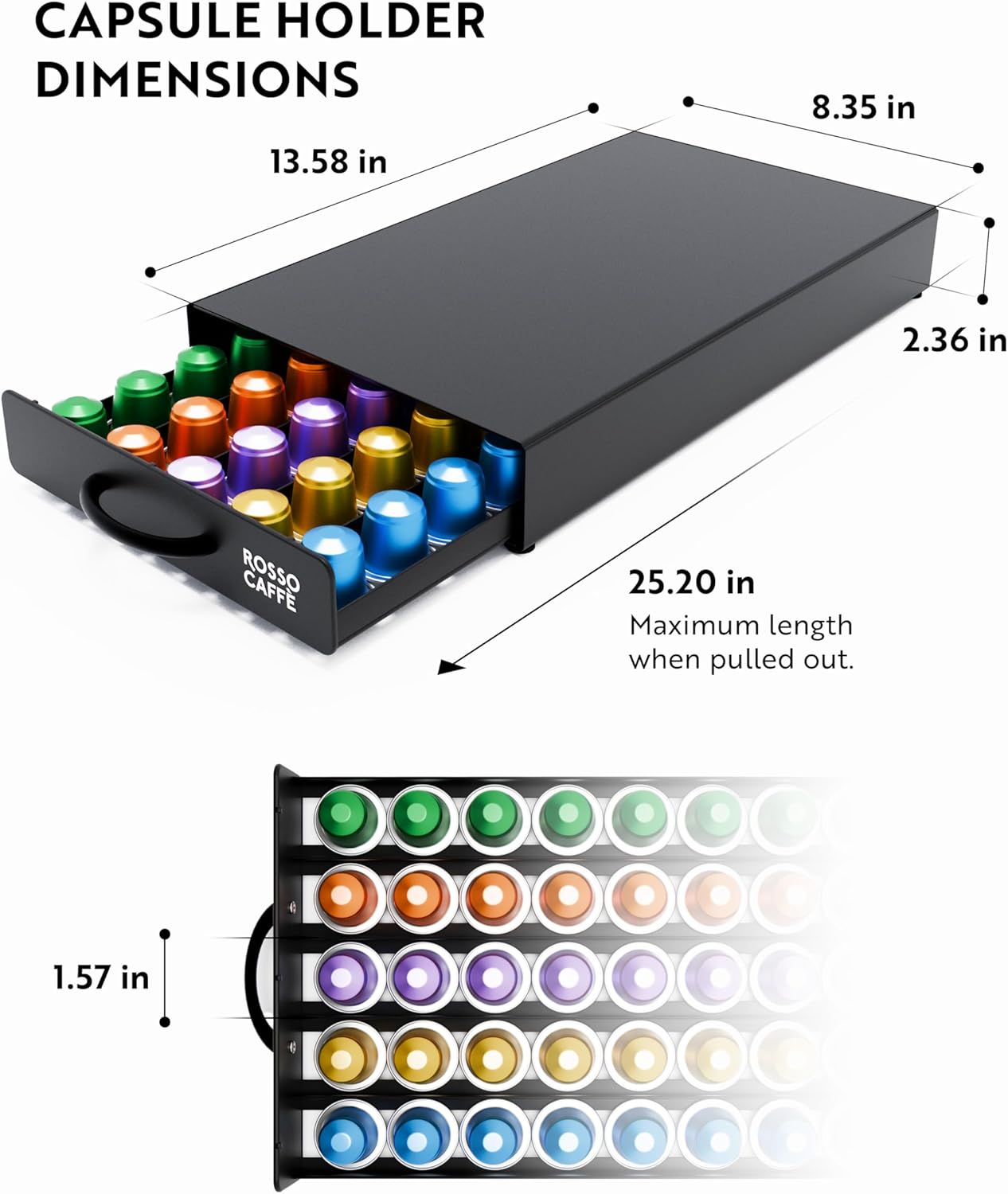 ROSSO CAFFÈ - Coffee Capsule Drawer Organizer, Holds Up to 45 capsules, Space-Saving Storage, Sleek Countertop Design