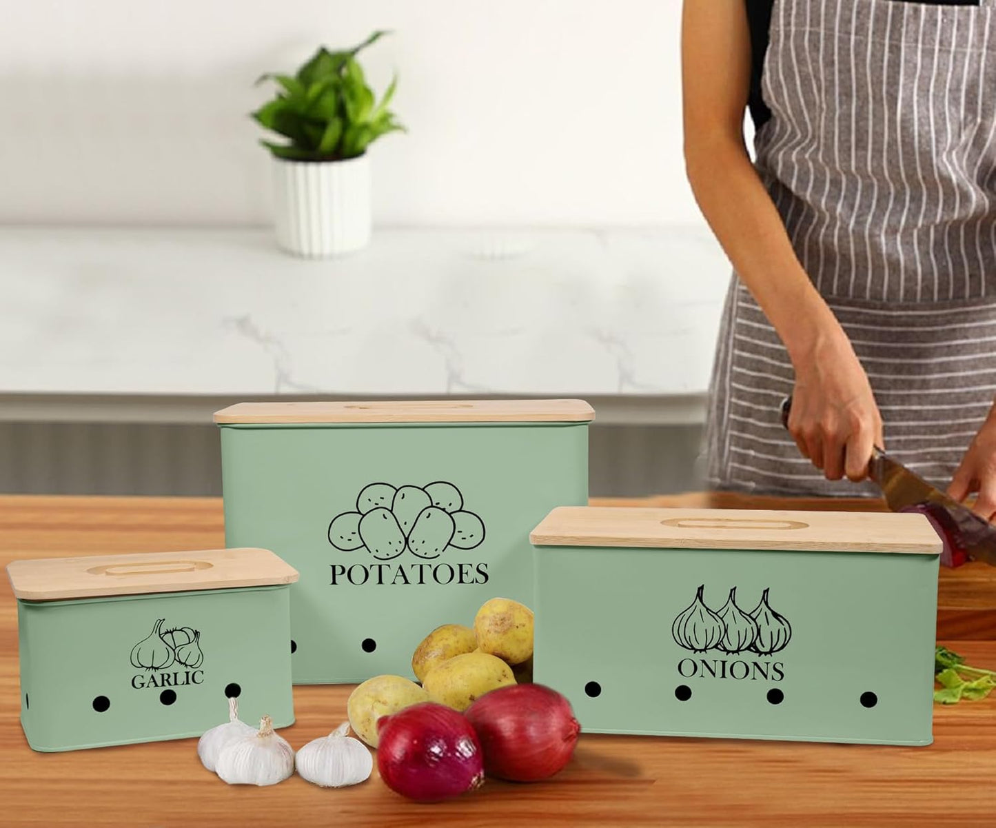 Canister Sets for Kitchen Counter, Kitchen Canisters Set of 3 for Potato Onion Garlic, Kitchen Storage Bin Jars Pots with Aerating Tin Storage Holes & Wooden Lid (Green)