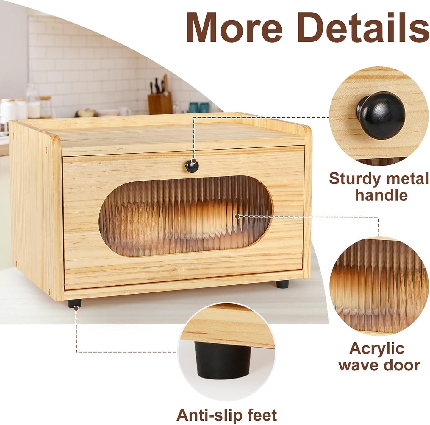 Sunhoo Bread Box for Kitchen Countertop Storage Wooden Breadbox Holder Container Morden Rustic Fresh Bread Keeper Farmhouse Stackable Organizer Bin for Homemade Food Shelf Acrylic Window (Brown)